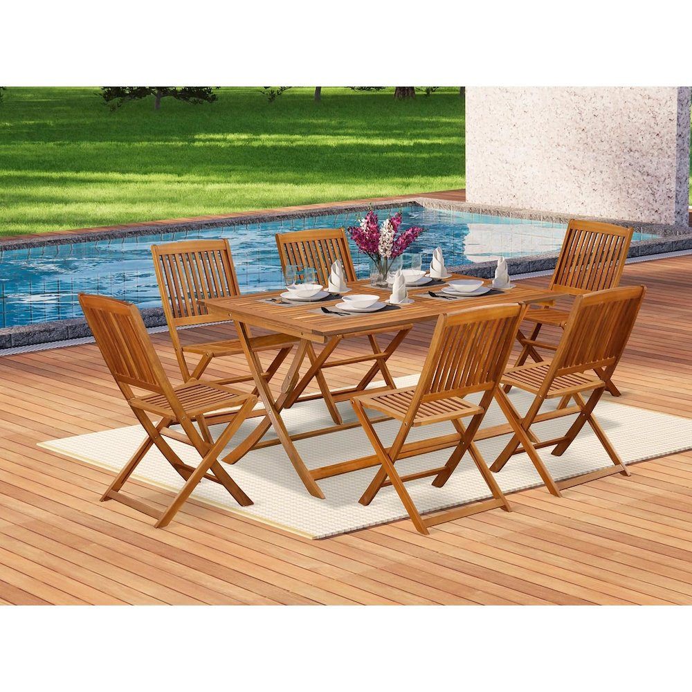 AECM7CWNA - 7 Piece Excellent Outdoor Patio Set-Beautiful Wooden Folding Table with 6 Arm Less Outdoor Chairs- Natural Oil Finish