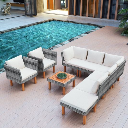 9-Piece Outdoor Patio Garden Wicker Sofa Set, Gray PE Rattan Sofa Set, with Wood Legs, Acacia Wood Tabletop, Armrest Chairs with Beige Cushions