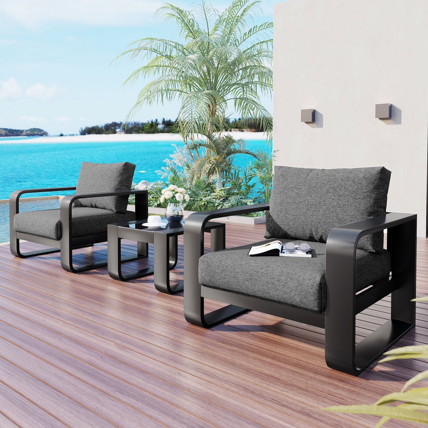 3-pieces Aluminum Frame Patio Furniture With 6.7" Thick Cushion And Coffee Table, All Weather Use Olefin fabric Outdoor Chair, Gray And Black