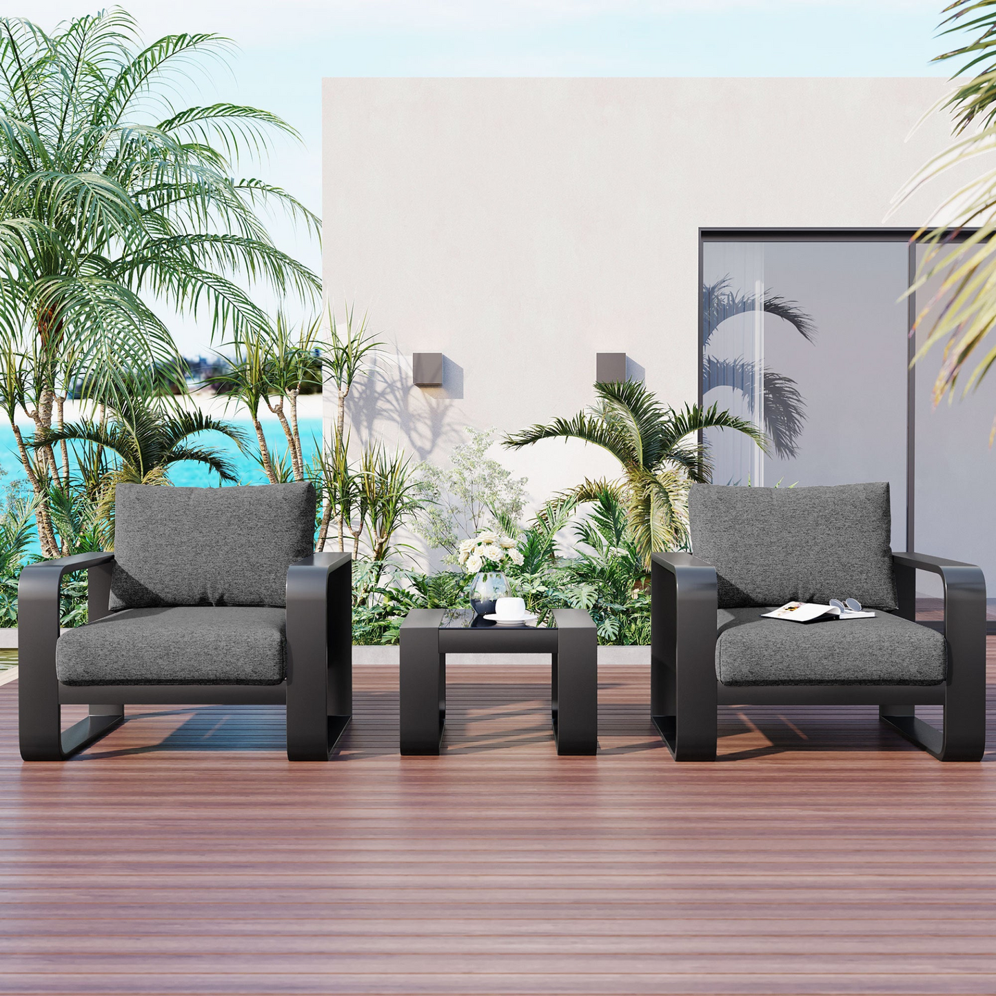 3-pieces Aluminum Frame Patio Furniture With 6.7" Thick Cushion And Coffee Table, All Weather Use Olefin fabric Outdoor Chair, Gray And Black