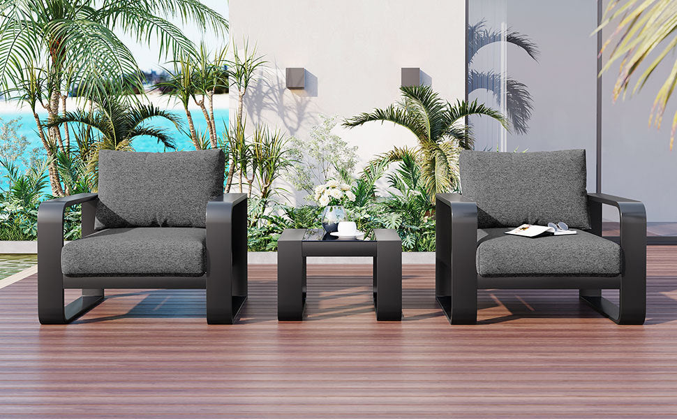 3-pieces Aluminum Frame Patio Furniture With 6.7" Thick Cushion And Coffee Table, All Weather Use Olefin fabric Outdoor Chair, Gray And Black