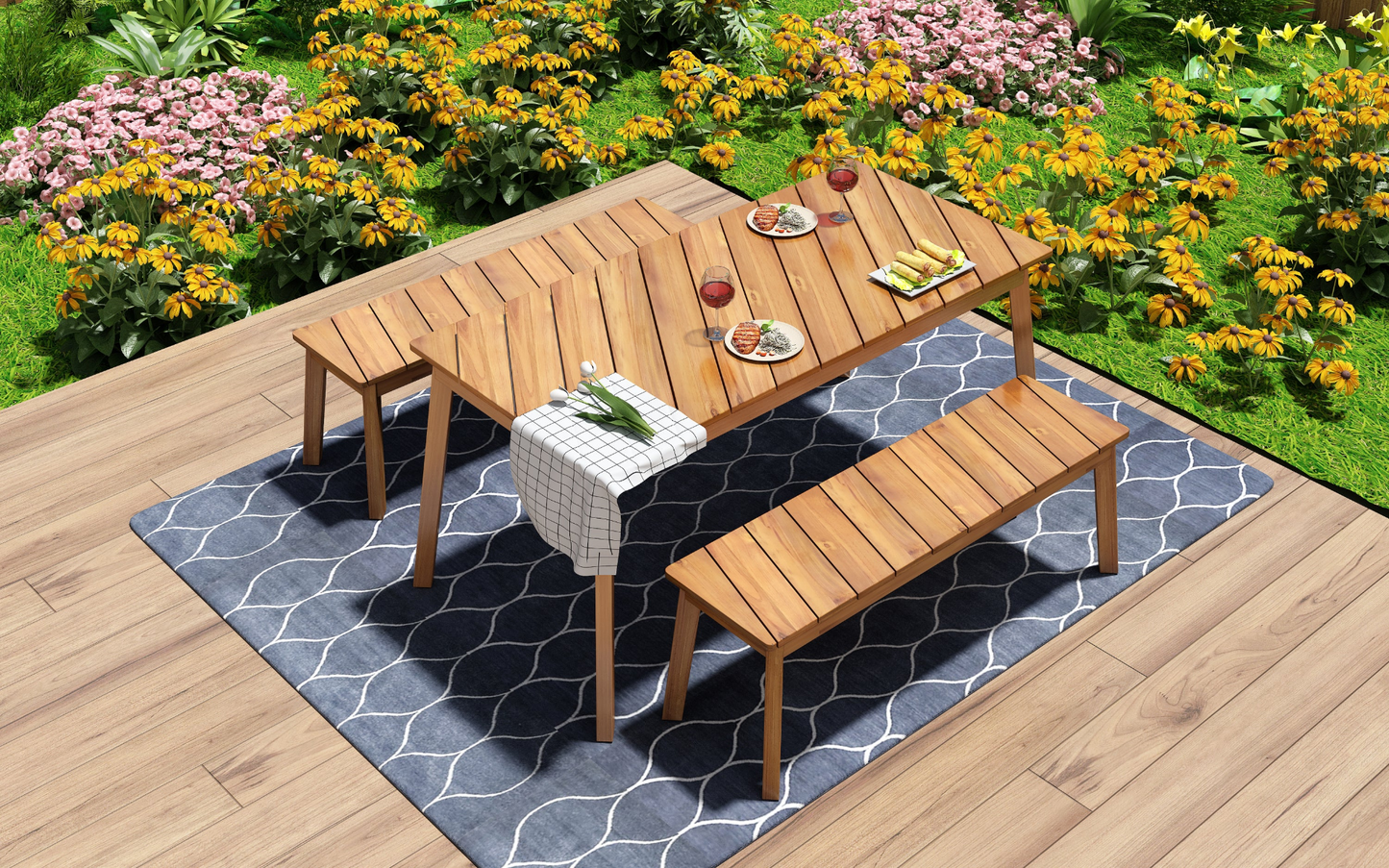 3 Pieces Acacia Wood Table Bench Dining Set For Outdoor & Indoor Furniture With 2 Benches, Picnic Beer Table for Patio, Porch, Garden, Poolside, Natural