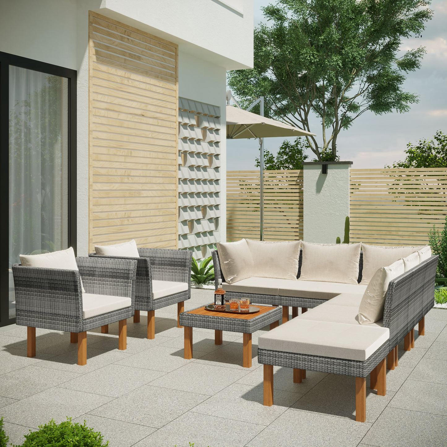 9-Piece Outdoor Patio Garden Wicker Sofa Set, Gray PE Rattan Sofa Set, with Wood Legs, Acacia Wood Tabletop, Armrest Chairs with Beige Cushions