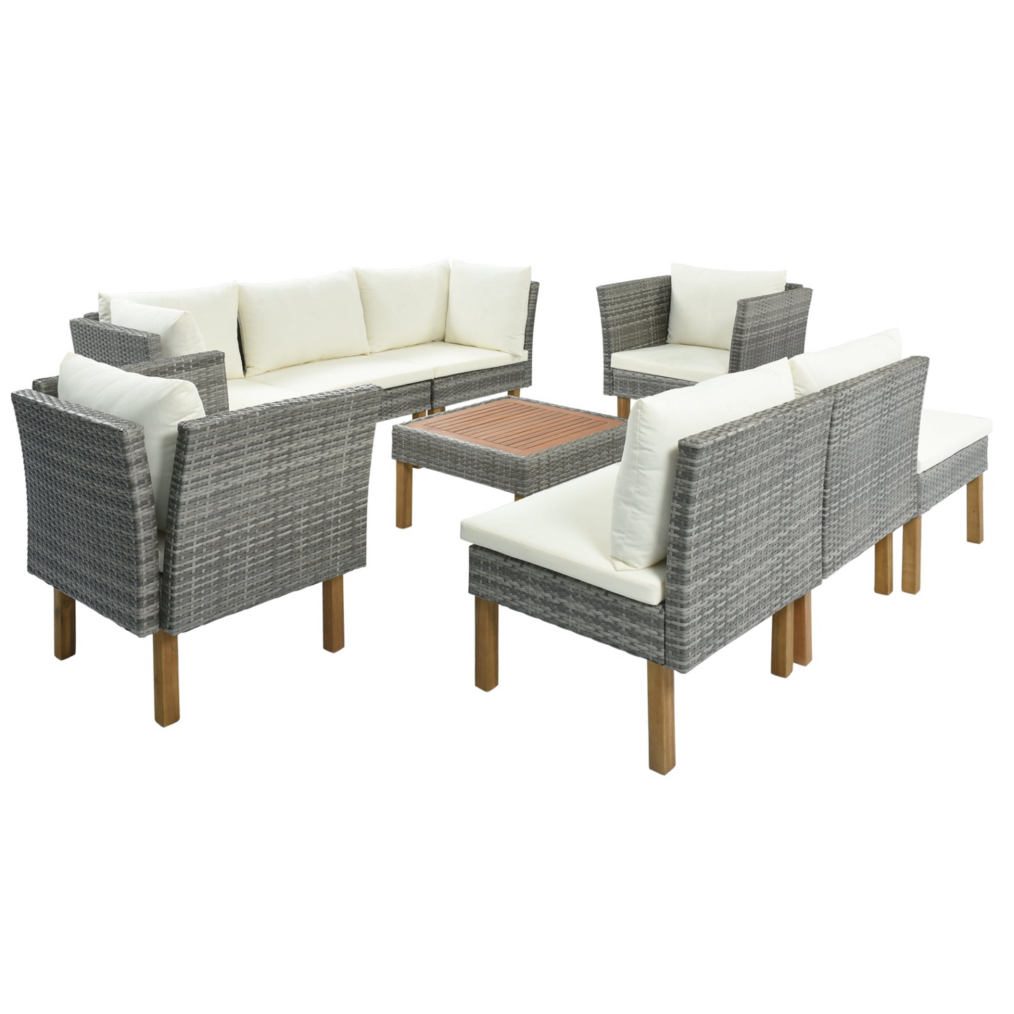 9-Piece Outdoor Patio Garden Wicker Sofa Set, Gray PE Rattan Sofa Set, with Wood Legs, Acacia Wood Tabletop, Armrest Chairs with Beige Cushions