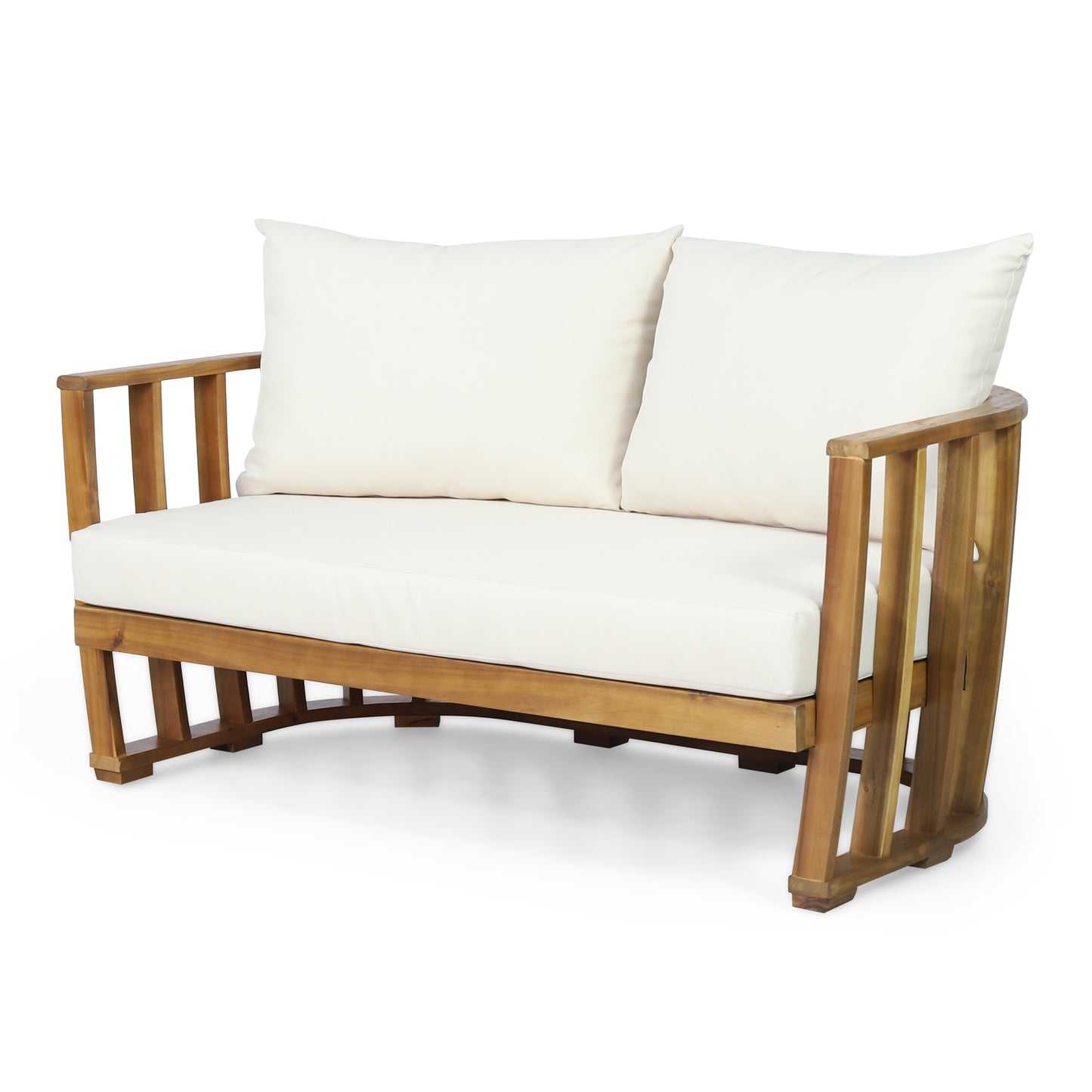 Outdoor Acacia Wood Loveseat and Coffee Table Set with Cushions, Teak, Beige