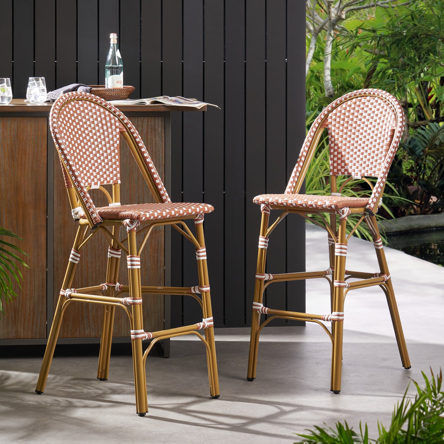 29.5" Outdoor PE Rattan French Barstool, Rust Red and White, Aluminum Frame with Bamboo Finish (Set of 2)