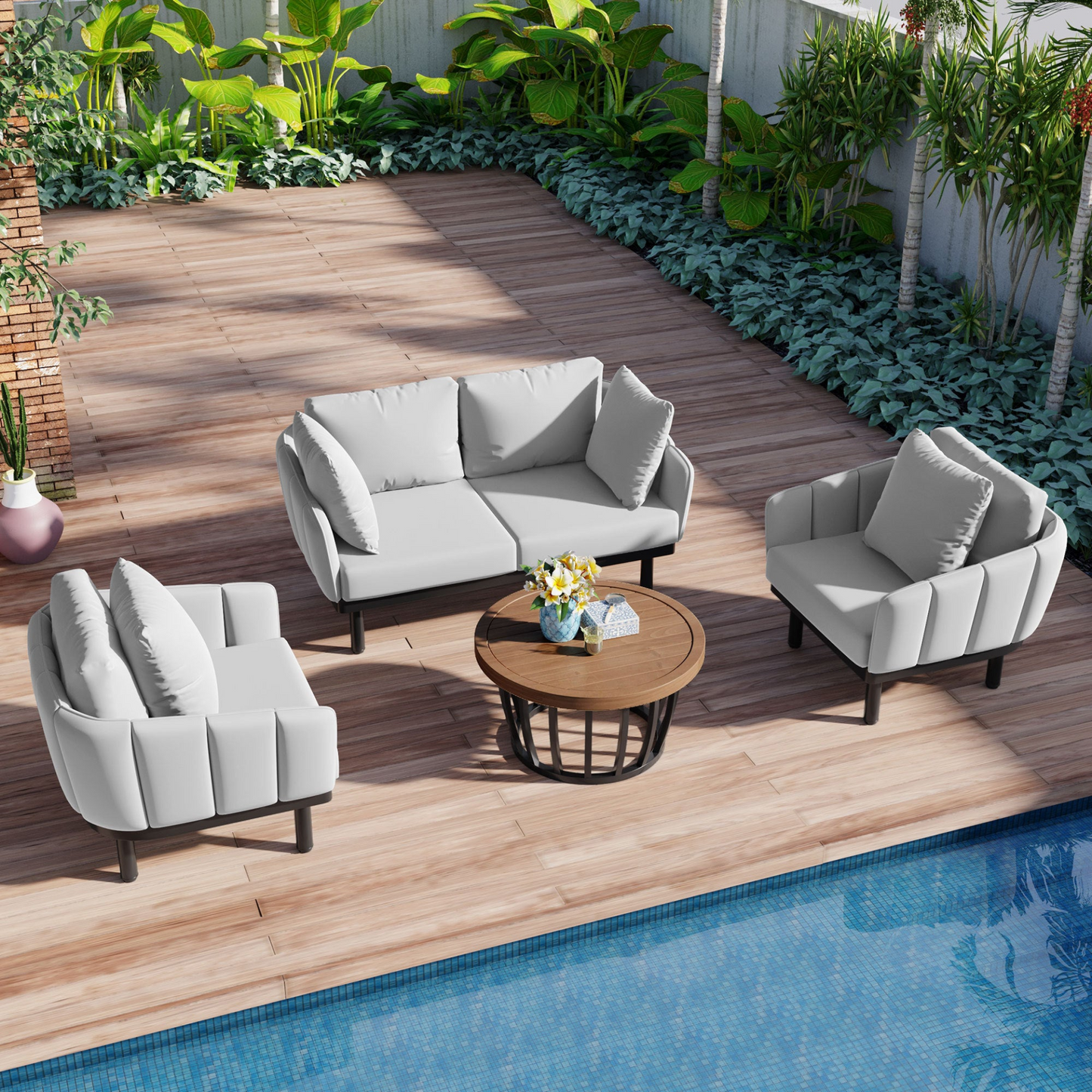 Luxury Modern 4-Piece Outdoor Iron Frame Conversation Set, Patio Chat Set with Acacia Wood Round Coffee Table for Backyard, Deck, Poolside, Indoor Use, Loveseat+Arm Chairs, Gray