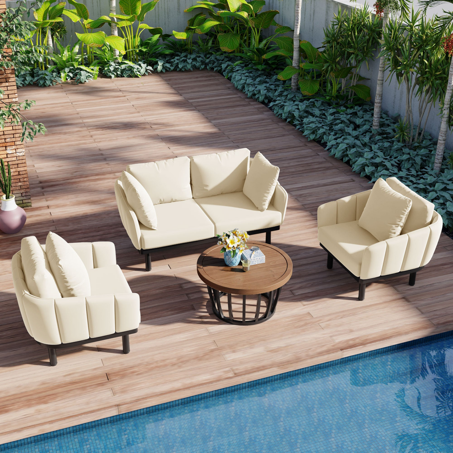 Luxury Modern 4-Piece Outdoor Iron Frame Conversation Set, Patio Chat Set with Acacia Wood Round Coffee Table for Backyard, Deck, Poolside, Indoor Use, Loveseat+Arm Chairs, Beige