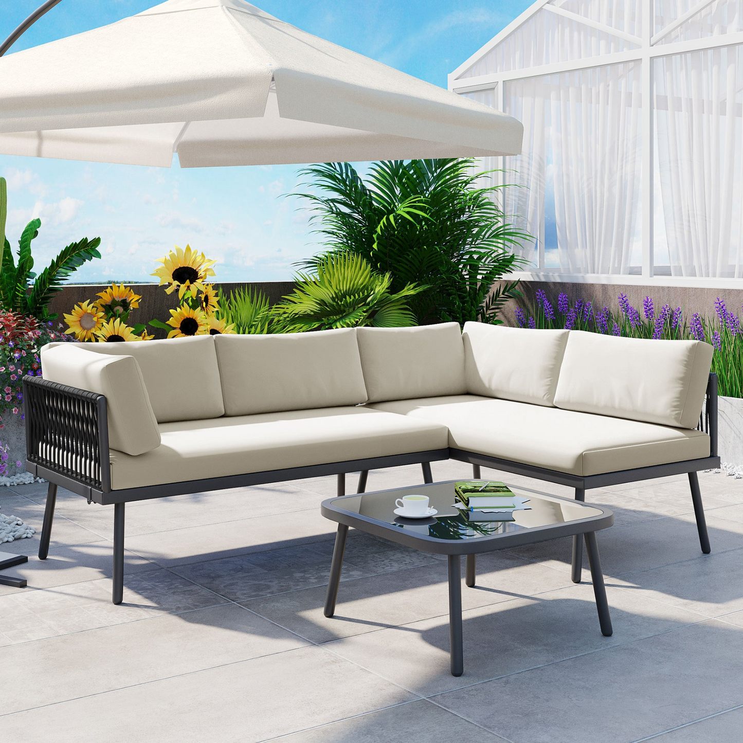 Modern Outdoor 3-Piece PE Rattan Sofa Set All Weather Patio Metal Sectional Furniture Set with Cushions and Glass Table for Backyard, Poolside, Garden,Black,L-Shaped