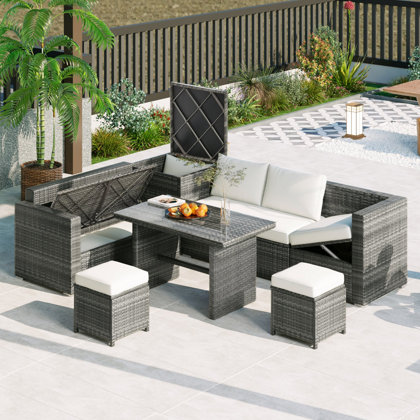 Outdoor 6-Piece All Weather PE Rattan Sofa Set, Garden Patio Wicker Sectional Furniture Set with Adjustable Seat, Storage Box, Removable Covers and Tempered Glass Top Table, Beige