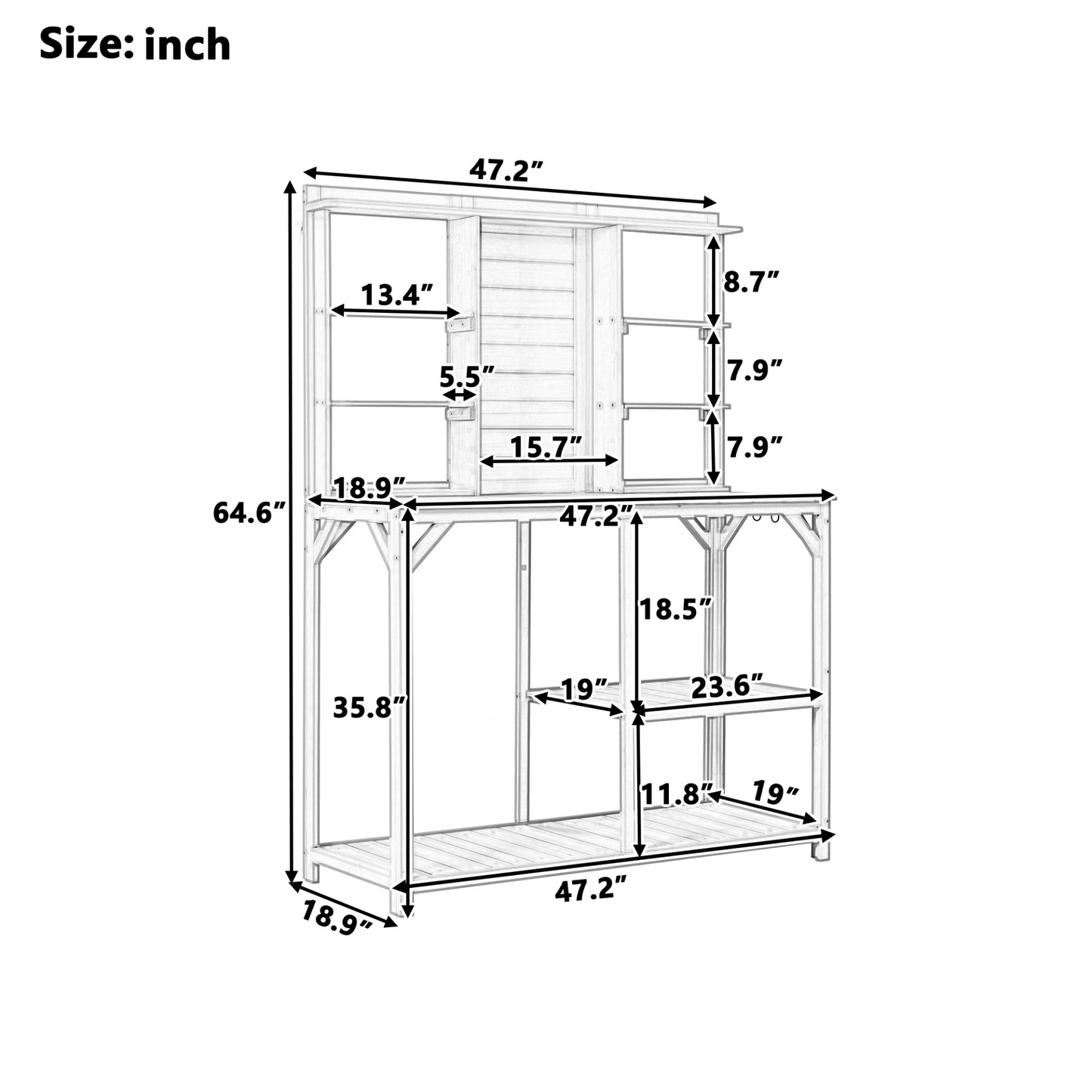 64.6" Large Outdoor Potting Bench, Garden Potting Table, Wood Workstation with 6-Tier Shelves, Large Tabletop and Side Hook for Mudroom, Backyard,Green