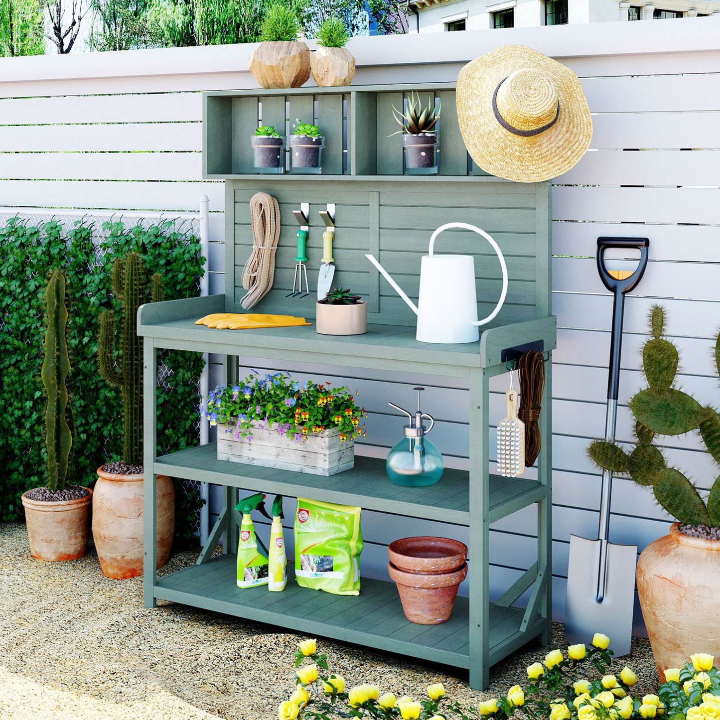 65" Large Wooden Farmhouse Rustic Outdoor Potting Bench Table, Patio Workstation, Garden Potting Bench with 4 Storage Shelves and Side Hook,Green