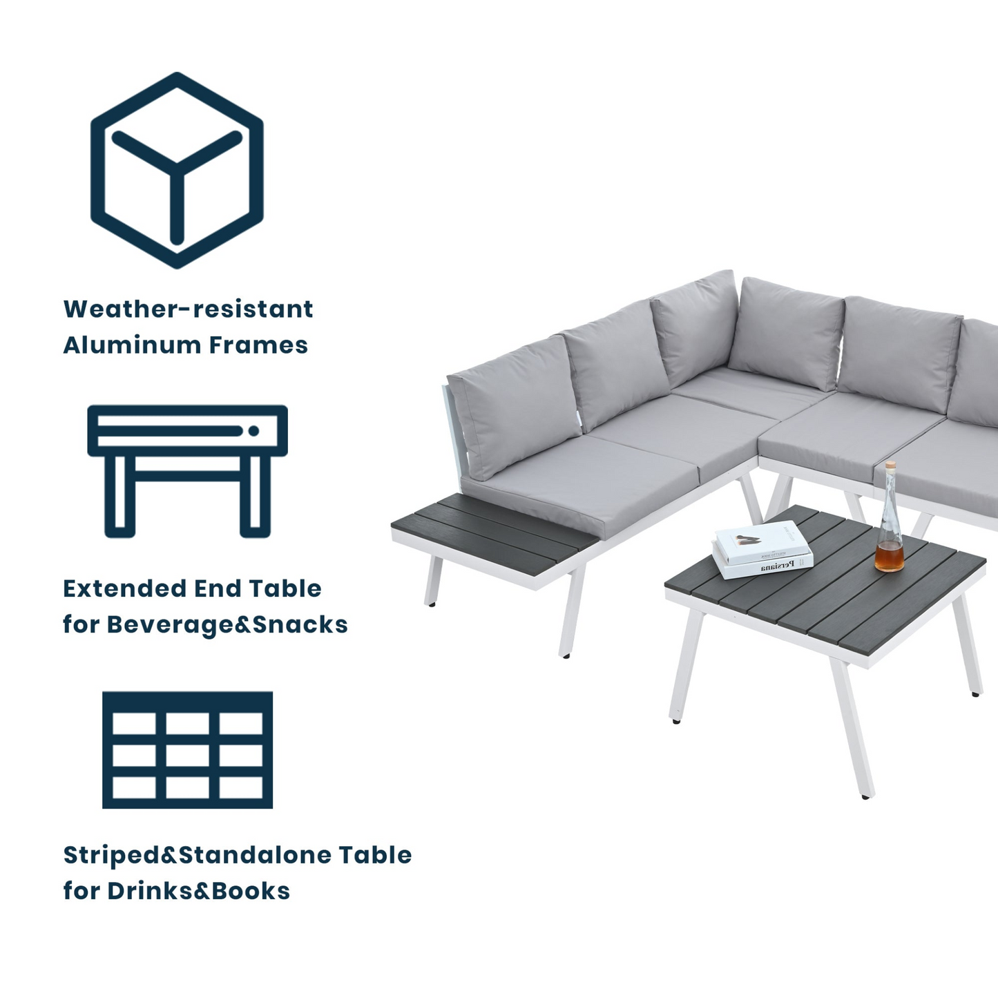 Industrial 5-Piece Aluminum Outdoor Patio Furniture Set, Modern Garden Sectional Sofa Set with End Tables, Coffee Table and Furniture Clips for Backyard, White+Grey