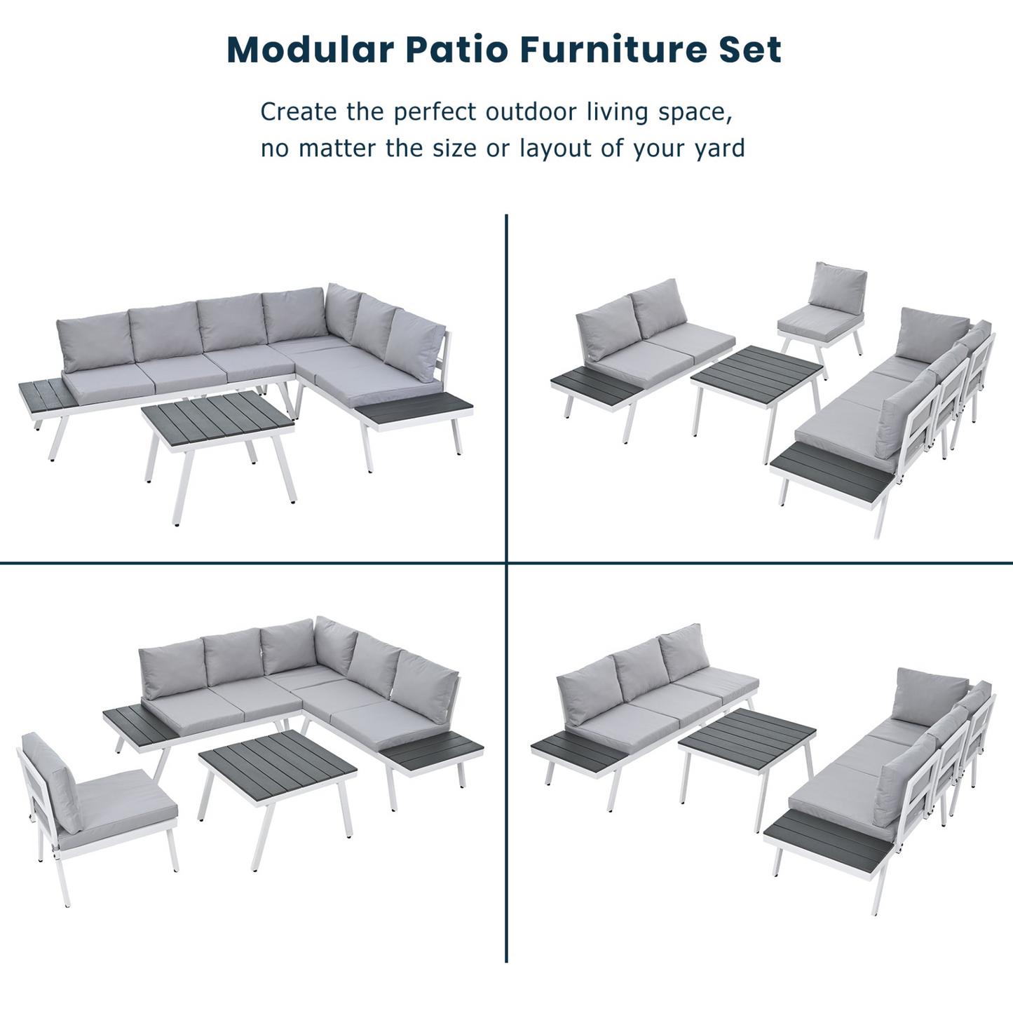 Industrial 5-Piece Aluminum Outdoor Patio Furniture Set, Modern Garden Sectional Sofa Set with End Tables, Coffee Table and Furniture Clips for Backyard, White+Grey