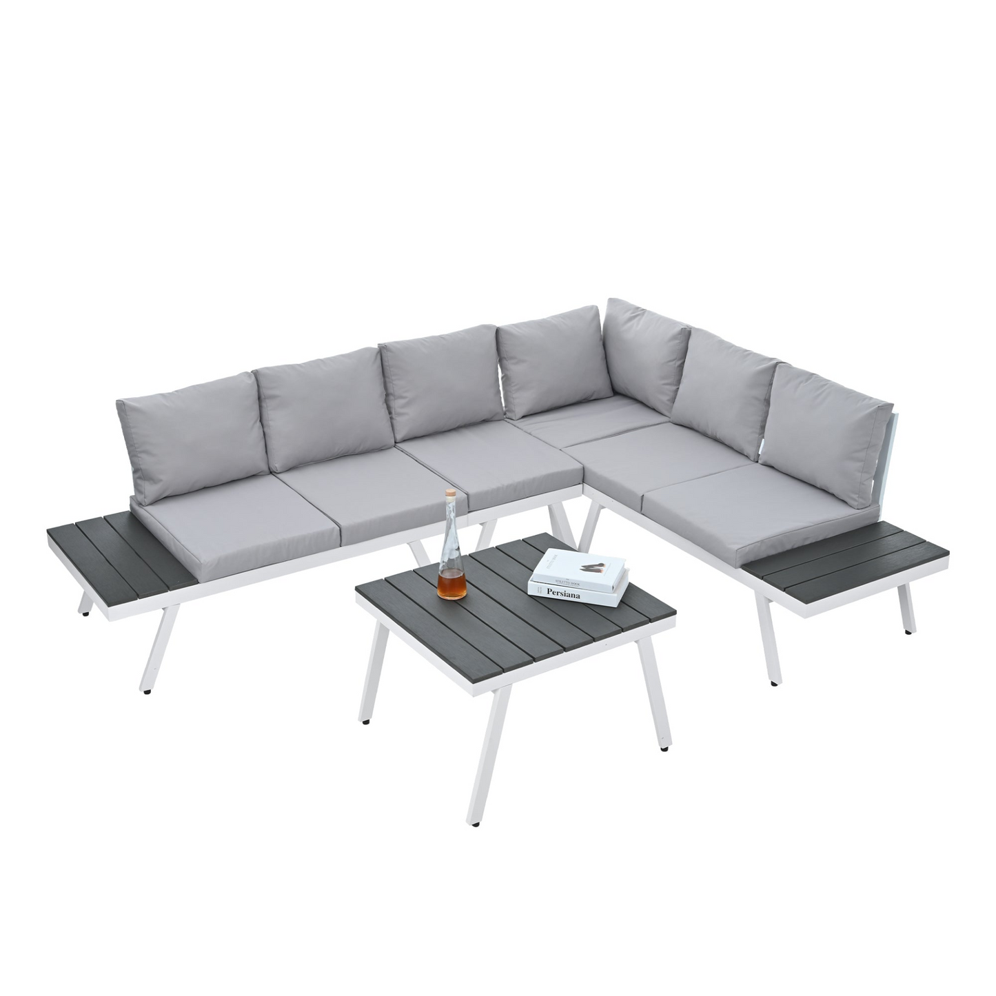 Industrial 5-Piece Aluminum Outdoor Patio Furniture Set, Modern Garden Sectional Sofa Set with End Tables, Coffee Table and Furniture Clips for Backyard, White+Grey