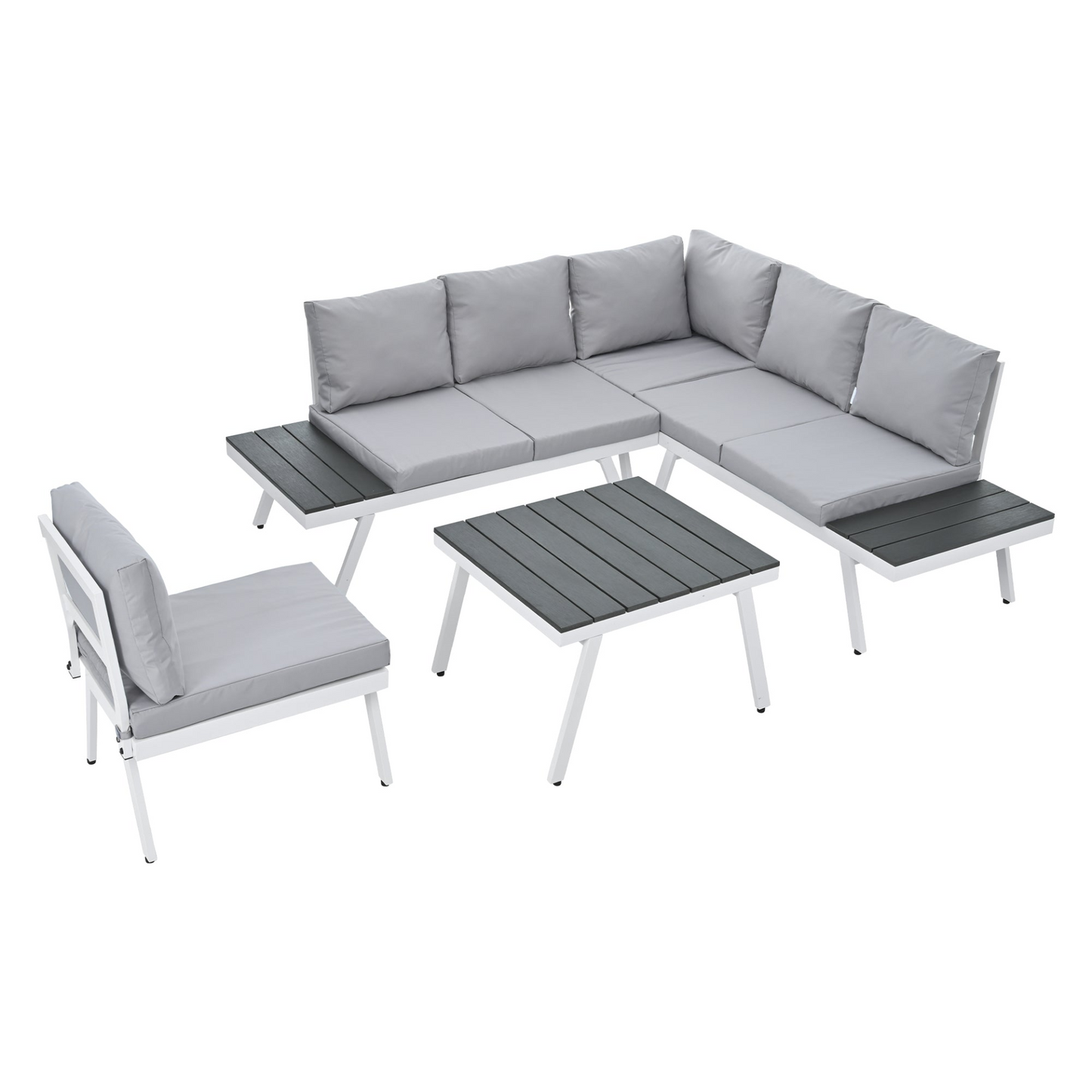 Industrial 5-Piece Aluminum Outdoor Patio Furniture Set, Modern Garden Sectional Sofa Set with End Tables, Coffee Table and Furniture Clips for Backyard, White+Grey