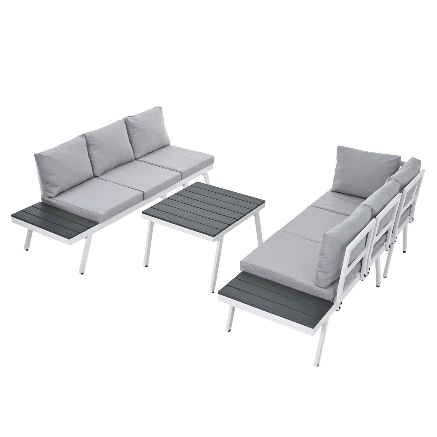 Industrial 5-Piece Aluminum Outdoor Patio Furniture Set, Modern Garden Sectional Sofa Set with End Tables, Coffee Table and Furniture Clips for Backyard, White+Grey