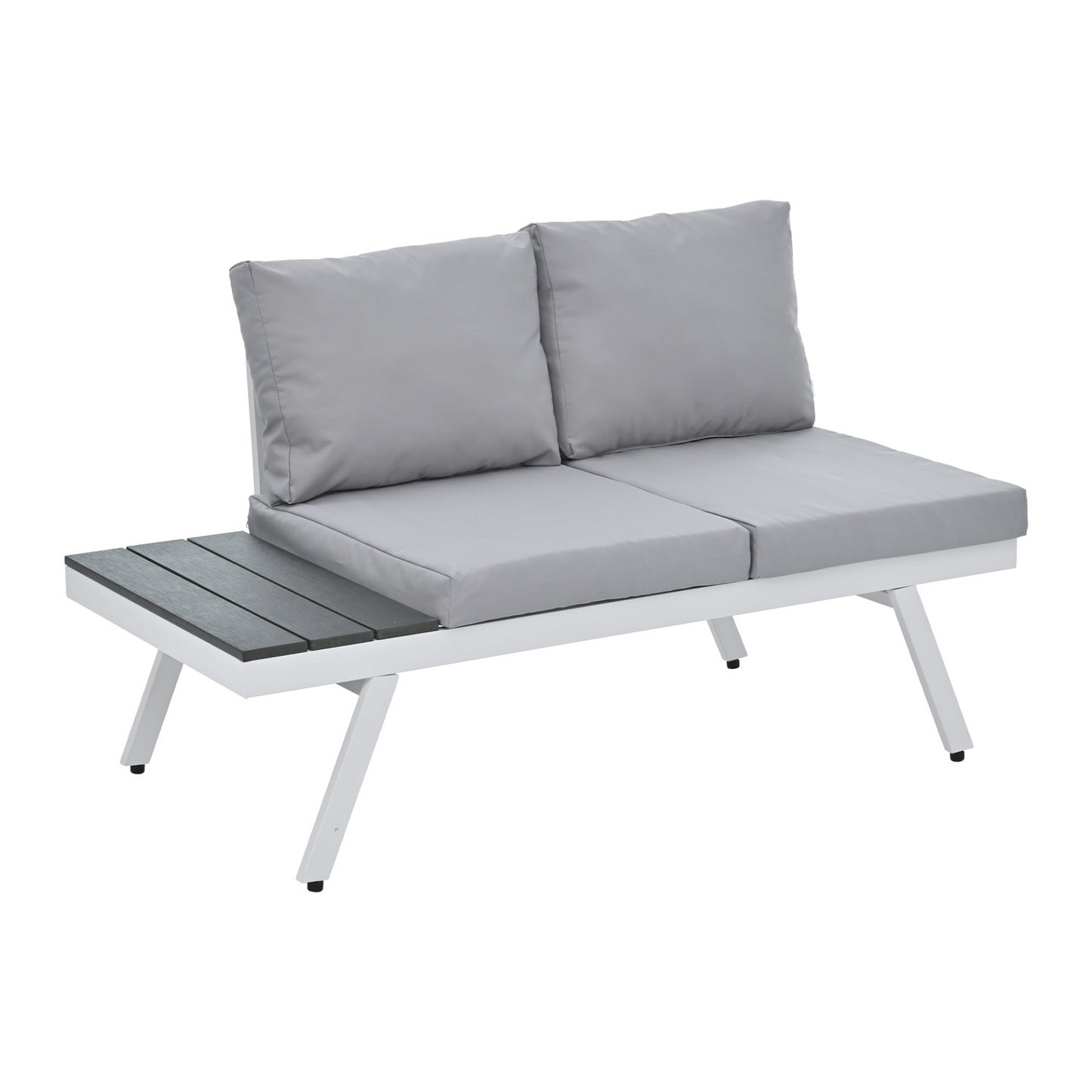 Industrial 5-Piece Aluminum Outdoor Patio Furniture Set, Modern Garden Sectional Sofa Set with End Tables, Coffee Table and Furniture Clips for Backyard, White+Grey