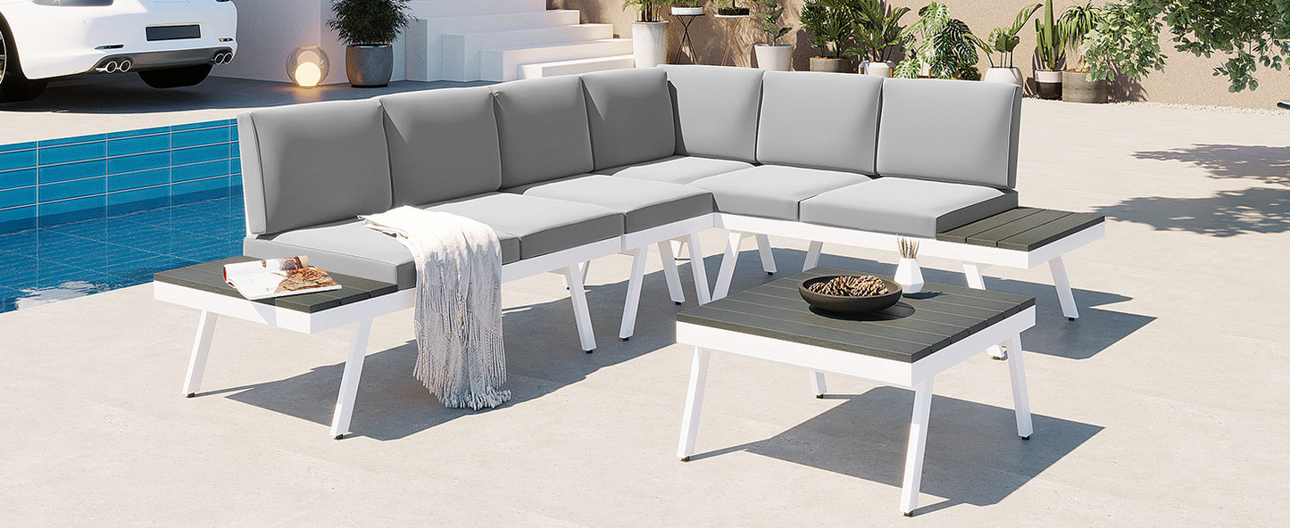 Industrial 5-Piece Aluminum Outdoor Patio Furniture Set, Modern Garden Sectional Sofa Set with End Tables, Coffee Table and Furniture Clips for Backyard, White+Grey