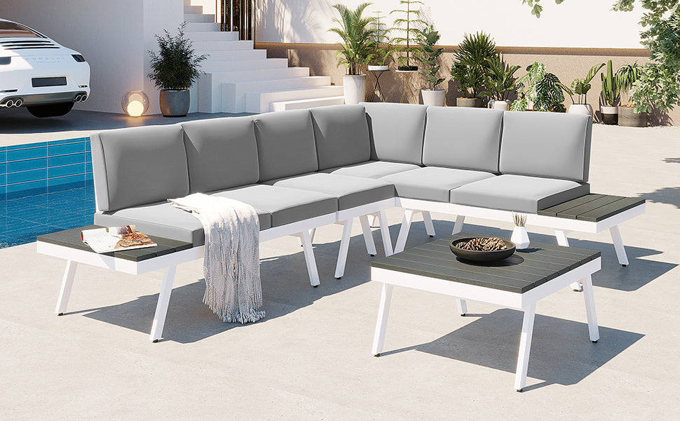 Industrial 5-Piece Aluminum Outdoor Patio Furniture Set, Modern Garden Sectional Sofa Set with End Tables, Coffee Table and Furniture Clips for Backyard, White+Grey