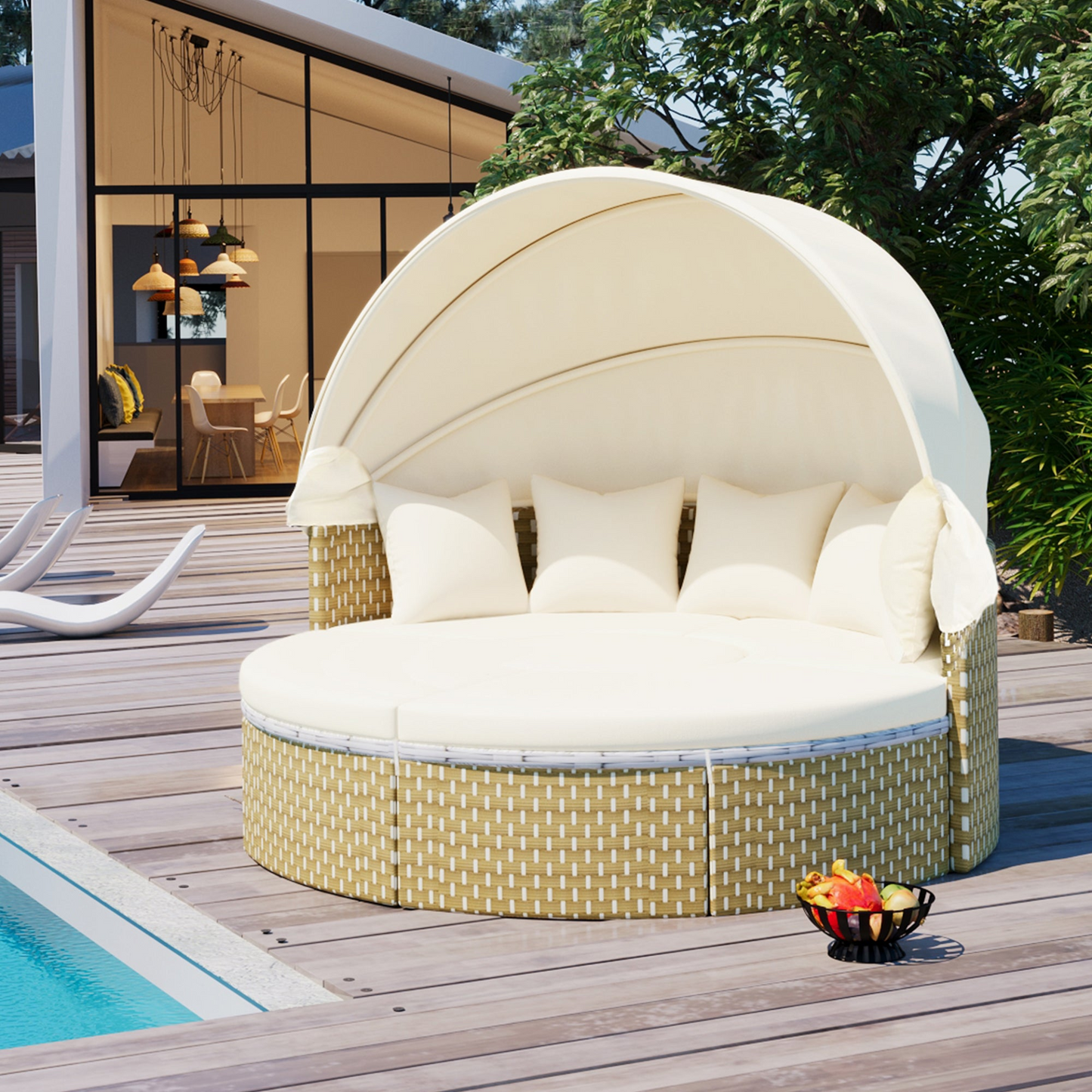 Patio Furniture Round Outdoor Sectional Sofa Set Rattan Daybed Two-Tone Weave Sunbed with Retractable Canopy, Separate Seating and Removable Cushion, Beige