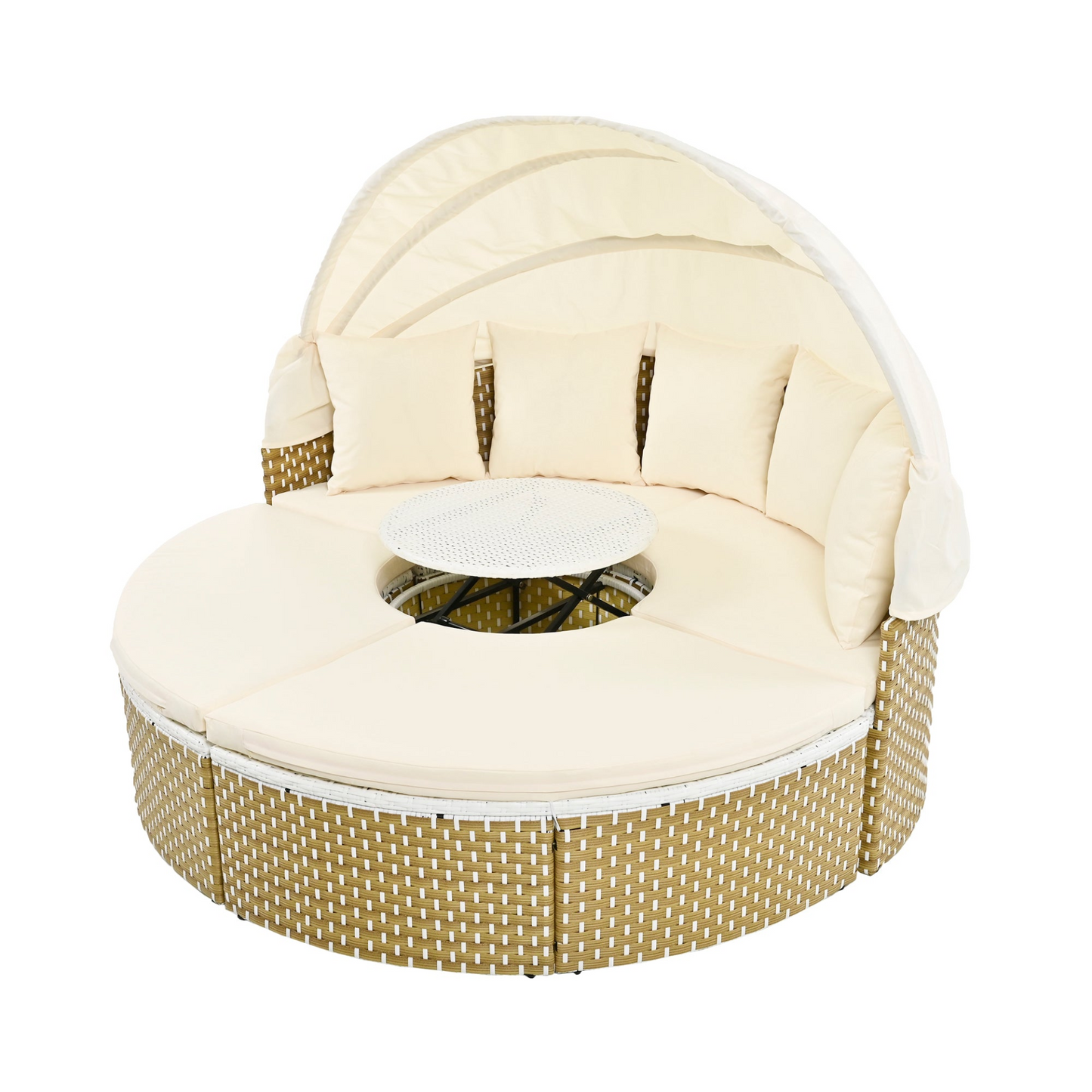 Patio Furniture Round Outdoor Sectional Sofa Set Rattan Daybed Two-Tone Weave Sunbed with Retractable Canopy, Separate Seating and Removable Cushion, Beige