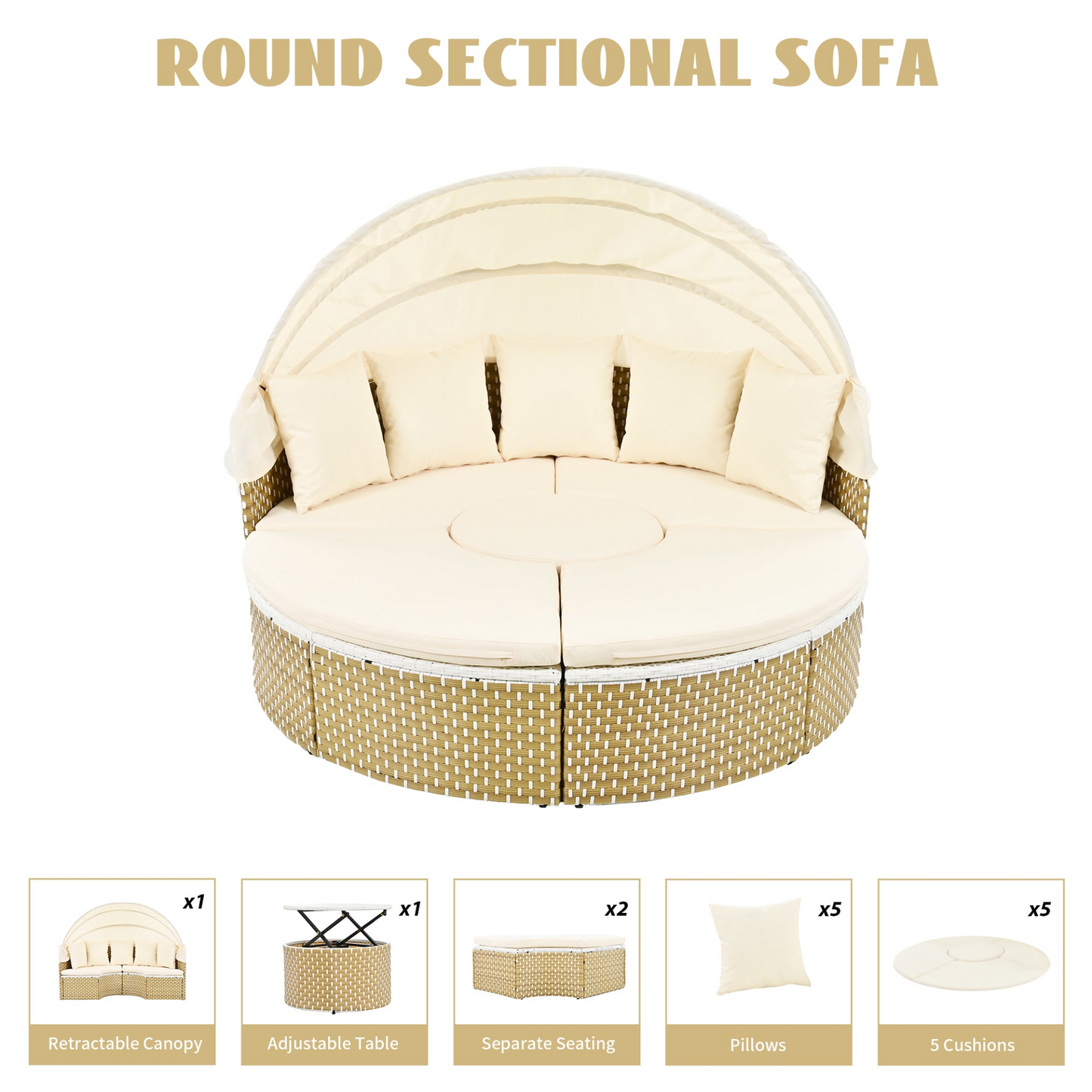 Patio Furniture Round Outdoor Sectional Sofa Set Rattan Daybed Two-Tone Weave Sunbed with Retractable Canopy, Separate Seating and Removable Cushion, Beige