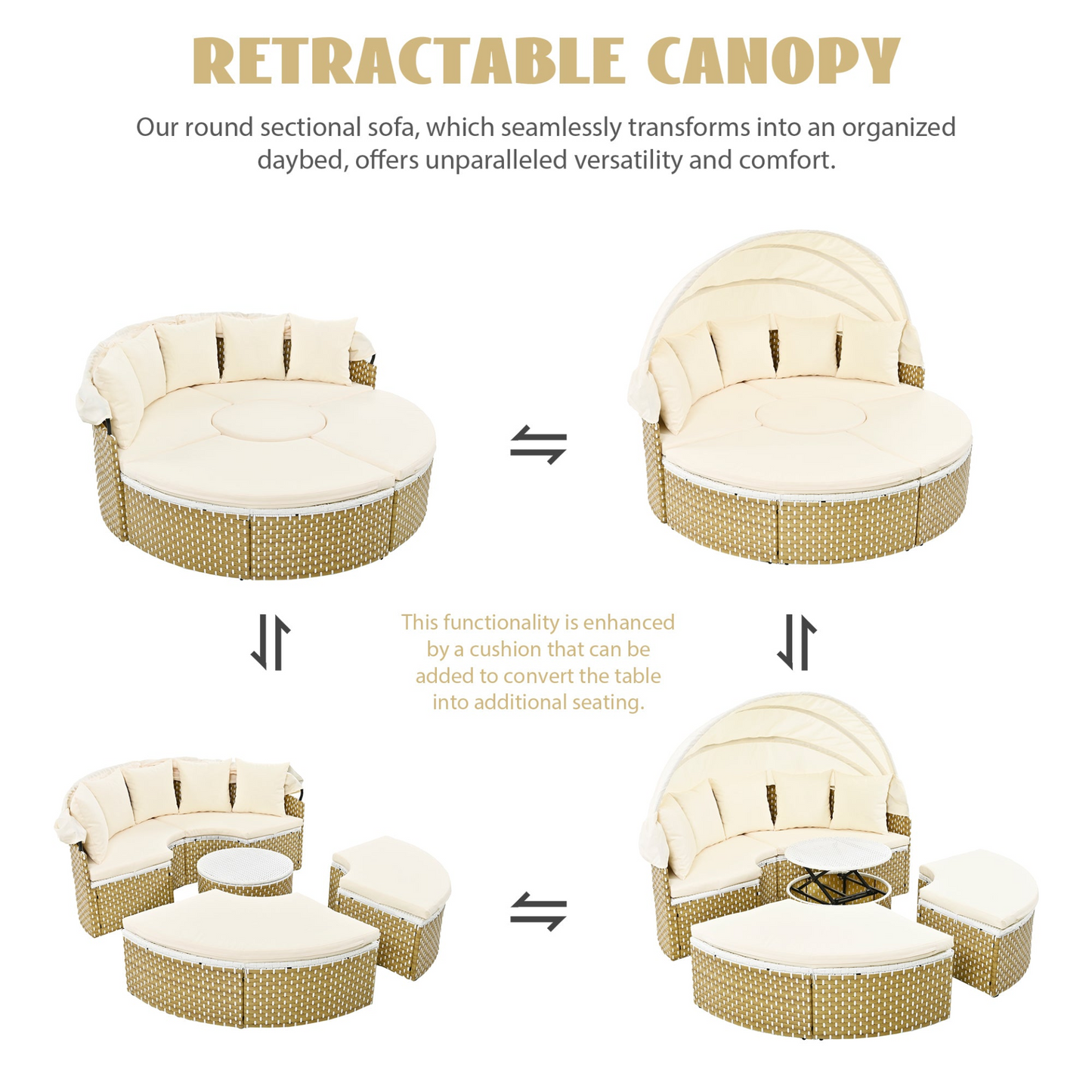 Patio Furniture Round Outdoor Sectional Sofa Set Rattan Daybed Two-Tone Weave Sunbed with Retractable Canopy, Separate Seating and Removable Cushion, Beige