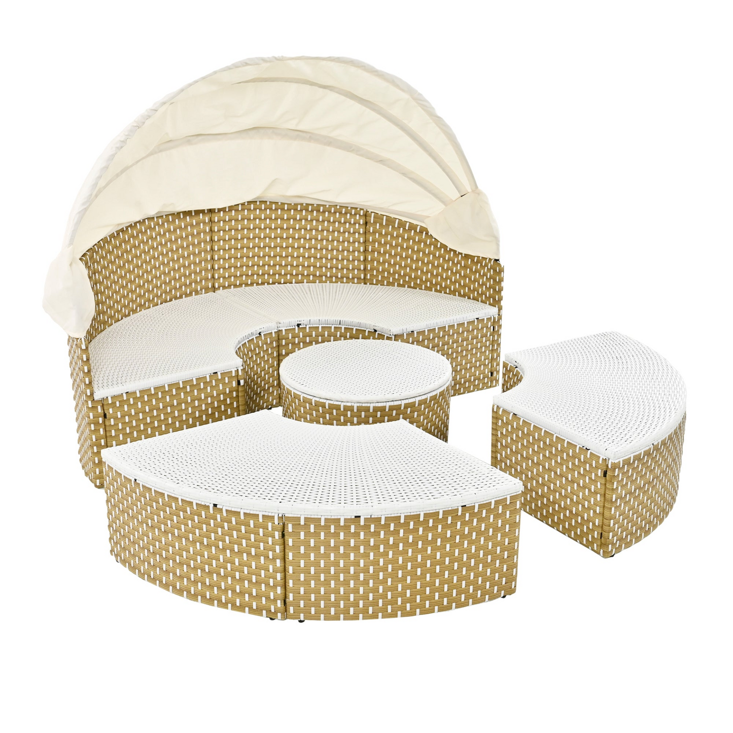 Patio Furniture Round Outdoor Sectional Sofa Set Rattan Daybed Two-Tone Weave Sunbed with Retractable Canopy, Separate Seating and Removable Cushion, Beige