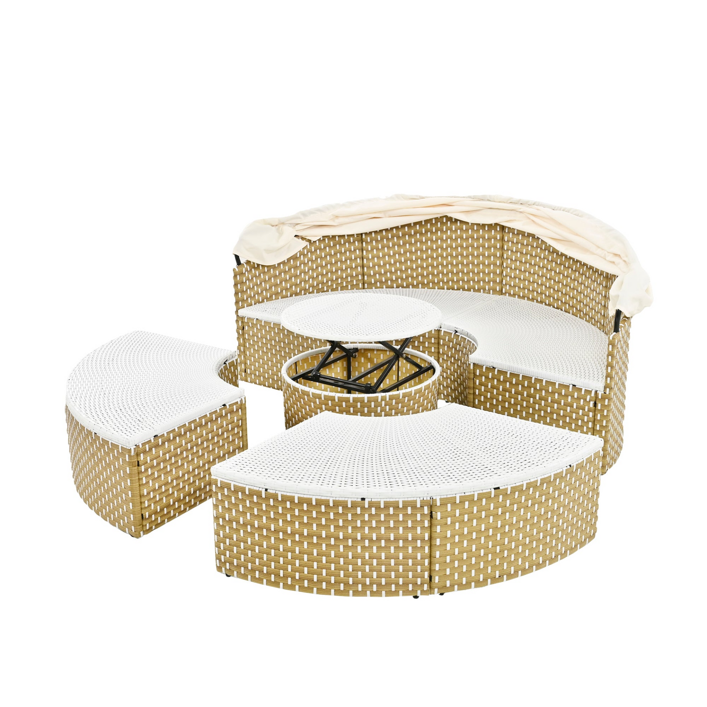 Patio Furniture Round Outdoor Sectional Sofa Set Rattan Daybed Two-Tone Weave Sunbed with Retractable Canopy, Separate Seating and Removable Cushion, Beige