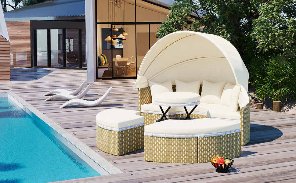 Patio Furniture Round Outdoor Sectional Sofa Set Rattan Daybed Two-Tone Weave Sunbed with Retractable Canopy, Separate Seating and Removable Cushion, Beige