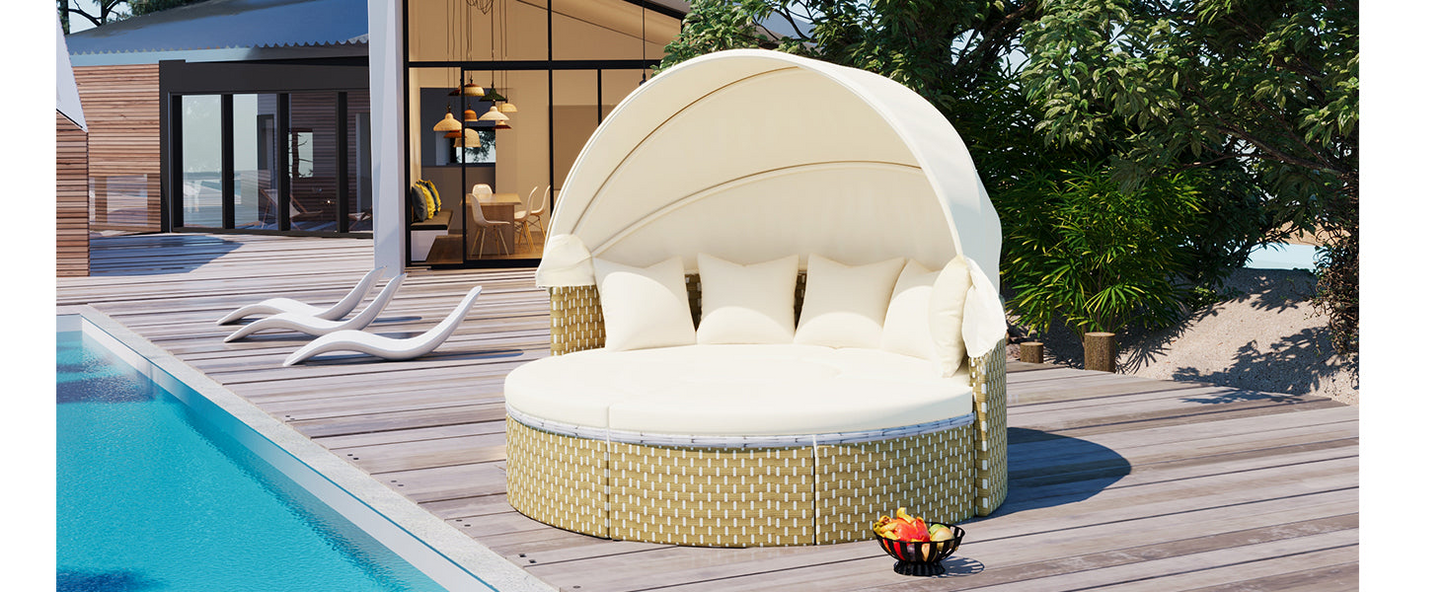 Patio Furniture Round Outdoor Sectional Sofa Set Rattan Daybed Two-Tone Weave Sunbed with Retractable Canopy, Separate Seating and Removable Cushion, Beige