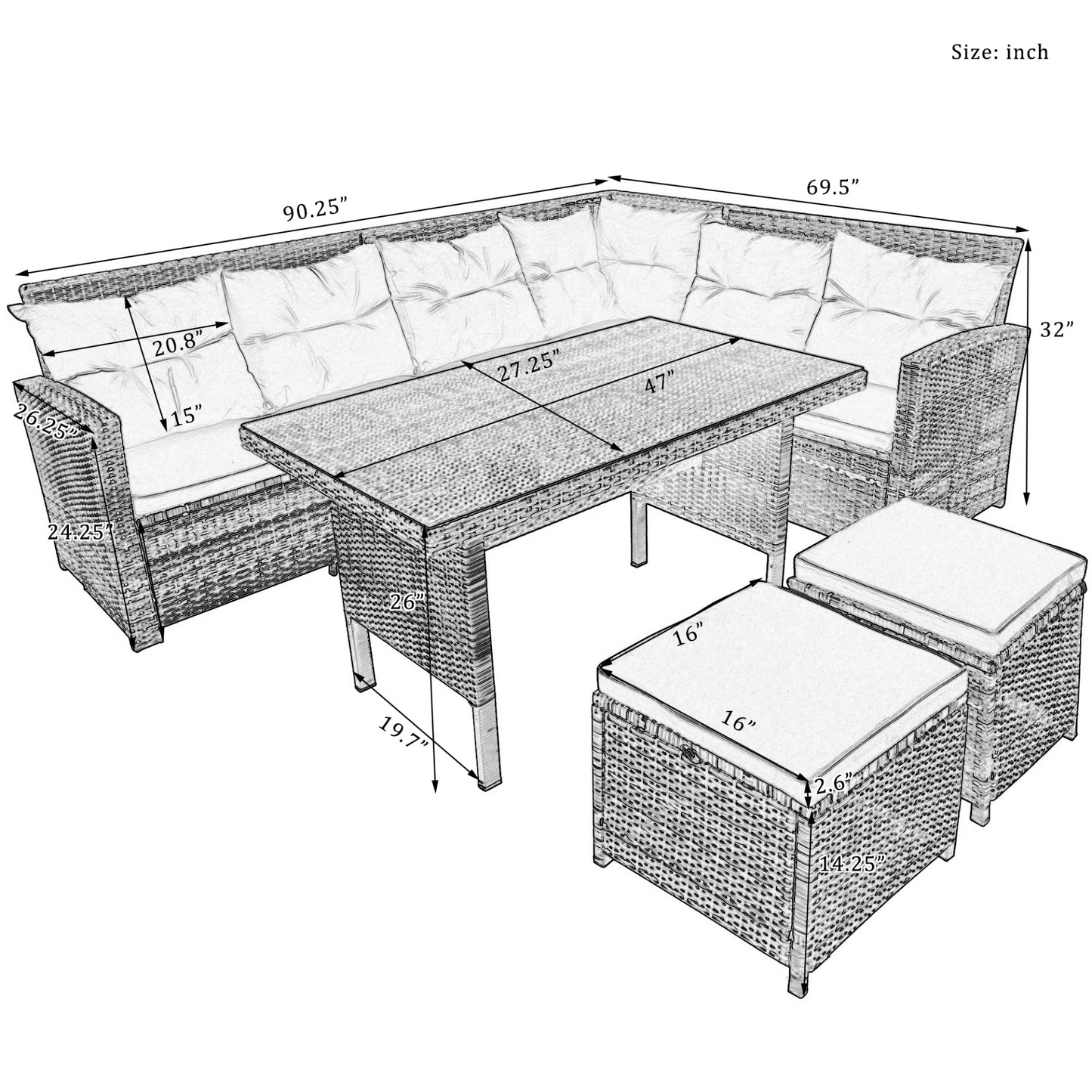 6-Piece Patio Furniture Set Outdoor Sectional Sofa with Glass Table, Ottomans for Pool, Backyard, Lawn (Gray)