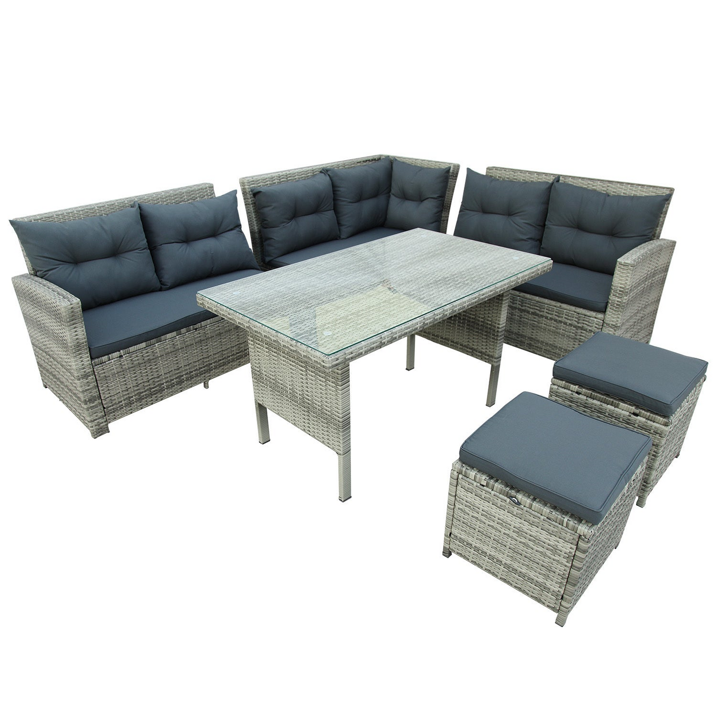 6-Piece Patio Furniture Set Outdoor Sectional Sofa with Glass Table, Ottomans for Pool, Backyard, Lawn (Gray)