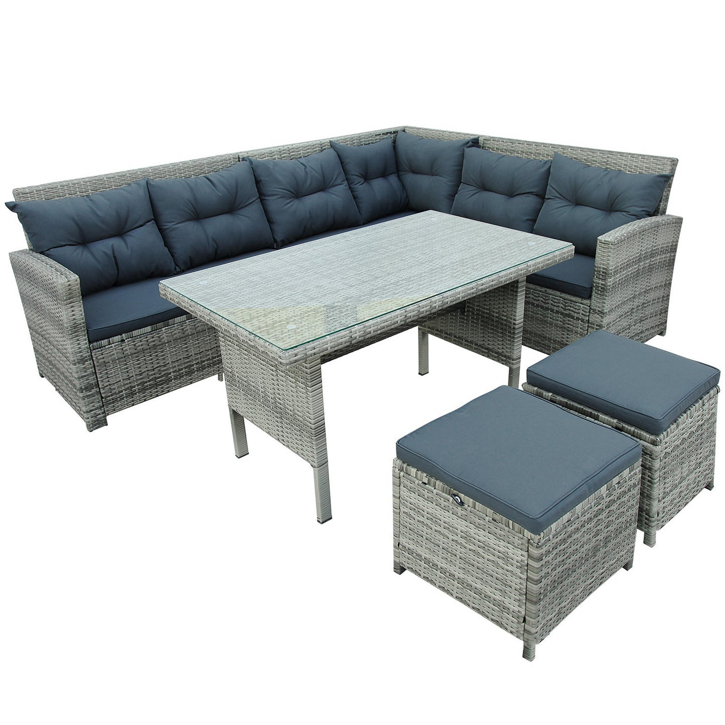 6-Piece Patio Furniture Set Outdoor Sectional Sofa with Glass Table, Ottomans for Pool, Backyard, Lawn (Gray)