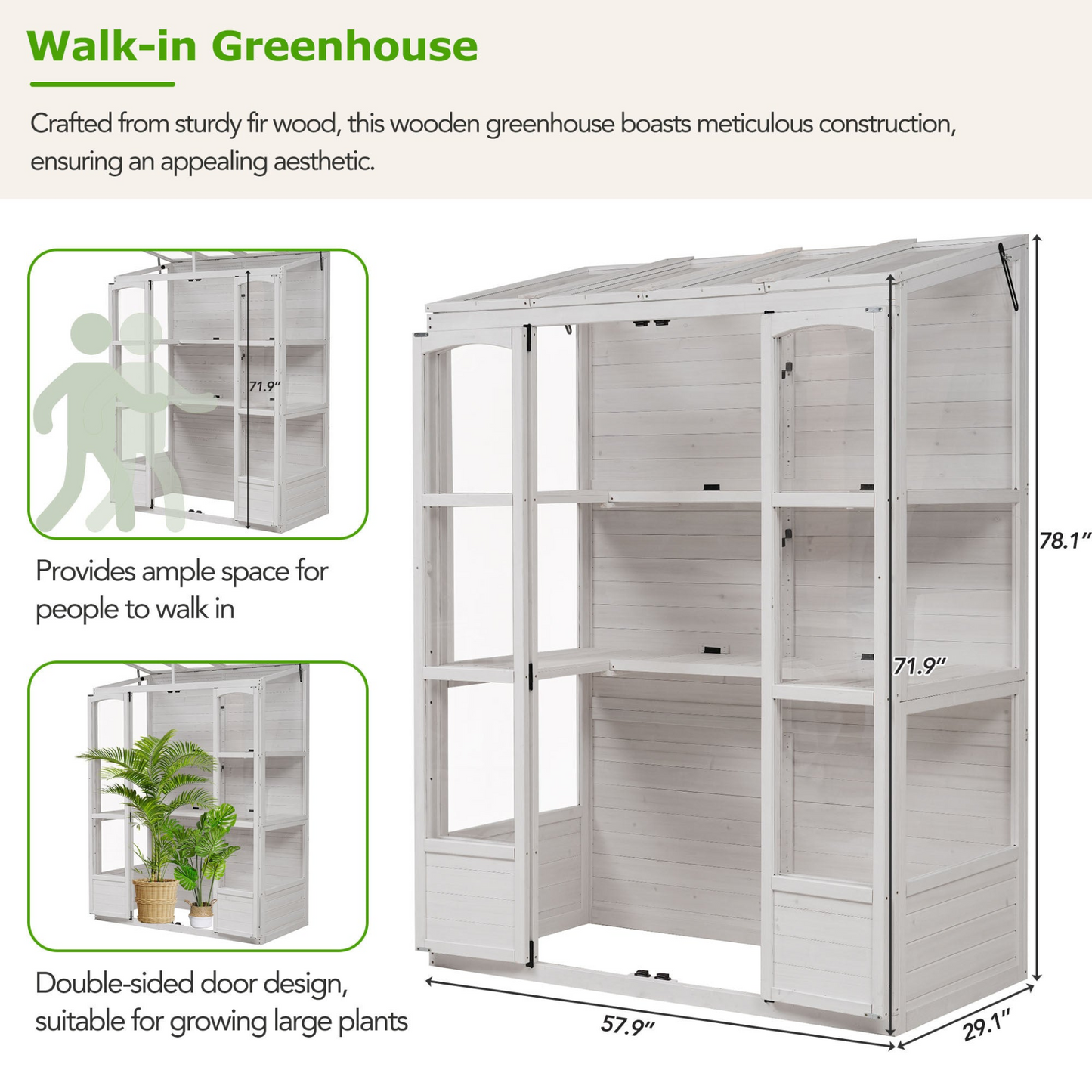 78-inch Wooden Greenhouse Cold Frame with 4 Independent Skylights and 2 Folding Middle Shelves, Walk-in Outdoor Greenhouse, White