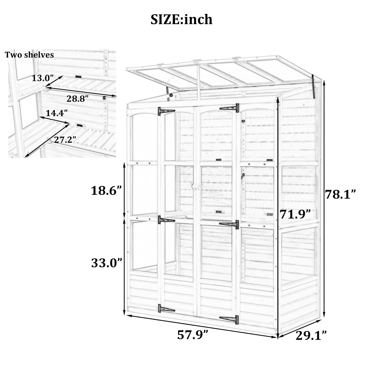 78-inch Wooden Greenhouse Cold Frame with 4 Independent Skylights and 2 Folding Middle Shelves, Walk-in Outdoor Greenhouse, White