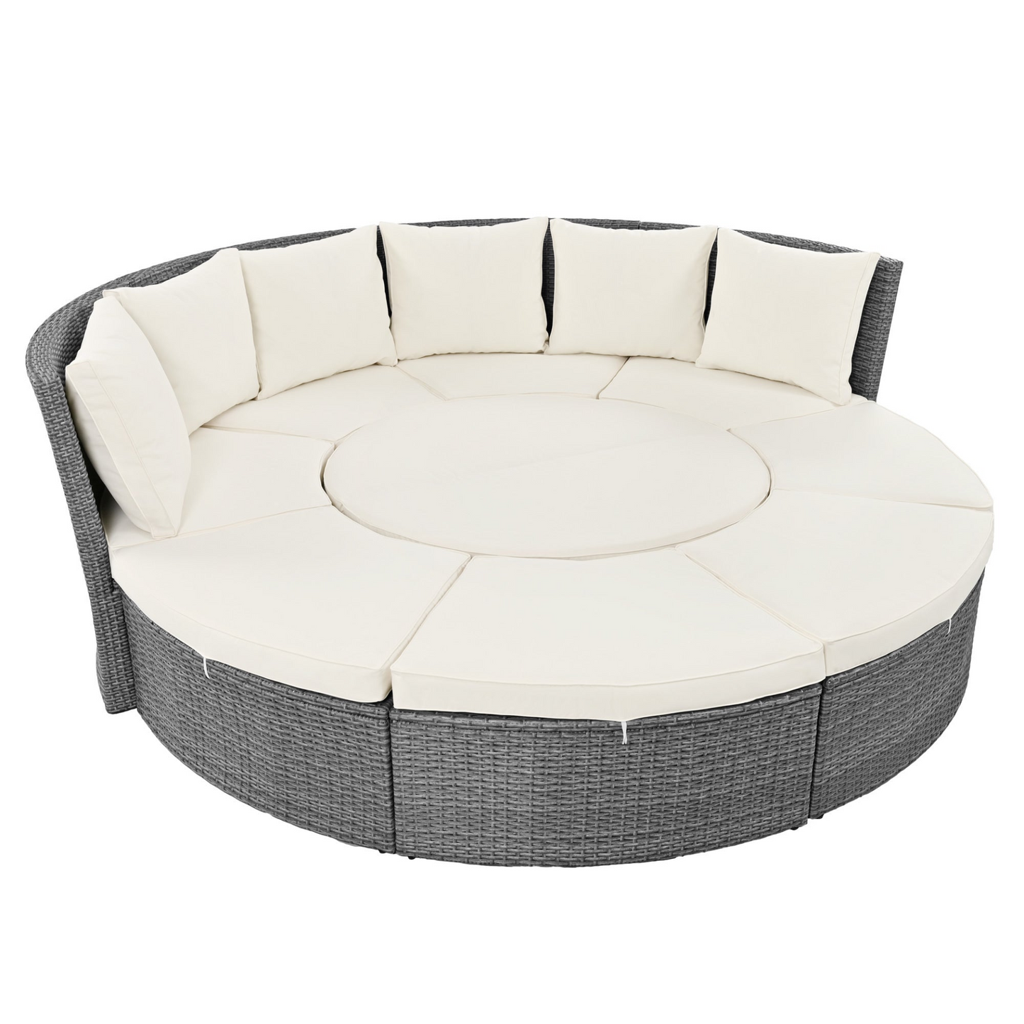 Patio 5-Piece Round Rattan Sectional Sofa Set All-Weather PE Wicker Sunbed Daybed with Round Liftable Table and Washable Cushions for Outdoor Backyard Poolside, Beige