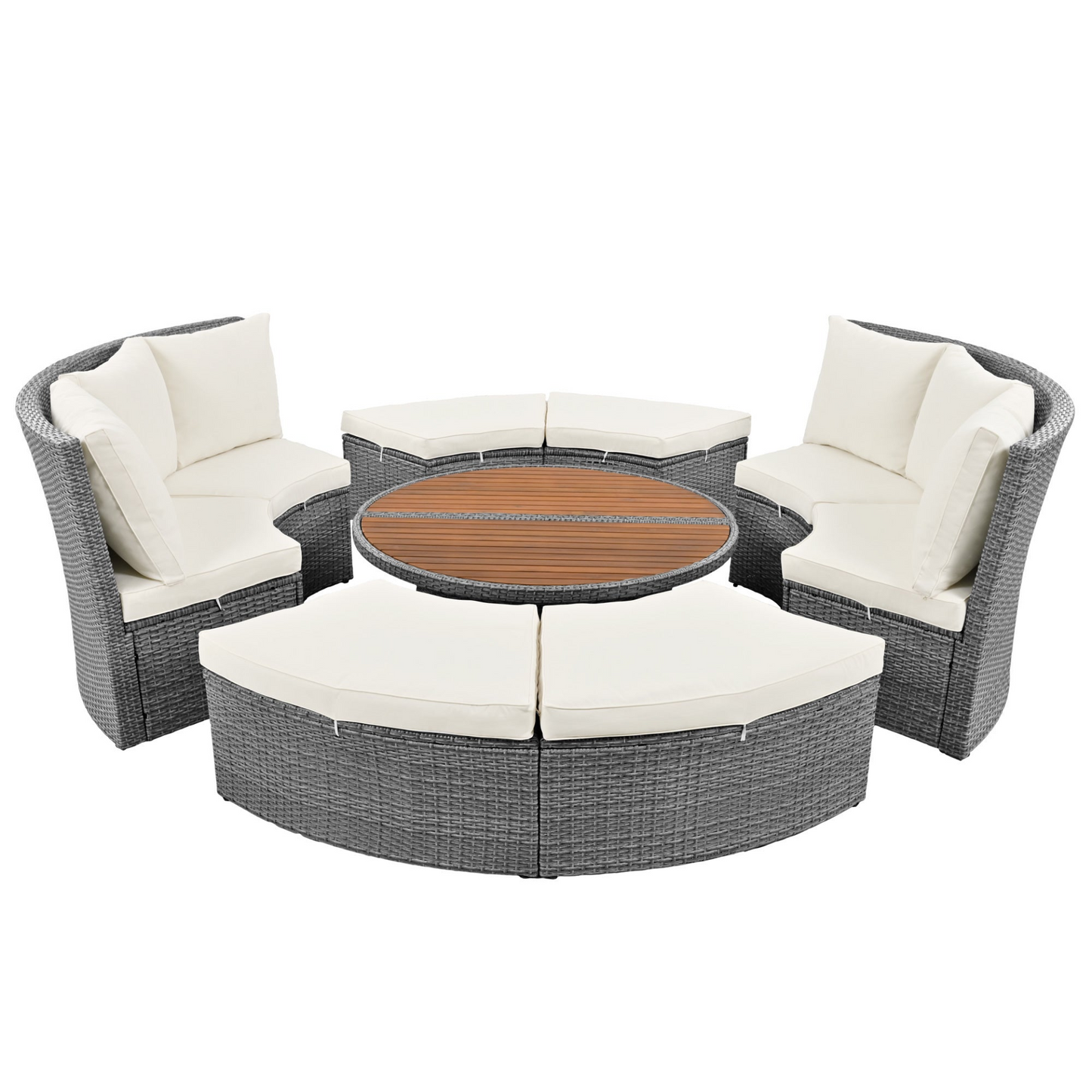 Patio 5-Piece Round Rattan Sectional Sofa Set All-Weather PE Wicker Sunbed Daybed with Round Liftable Table and Washable Cushions for Outdoor Backyard Poolside, Beige