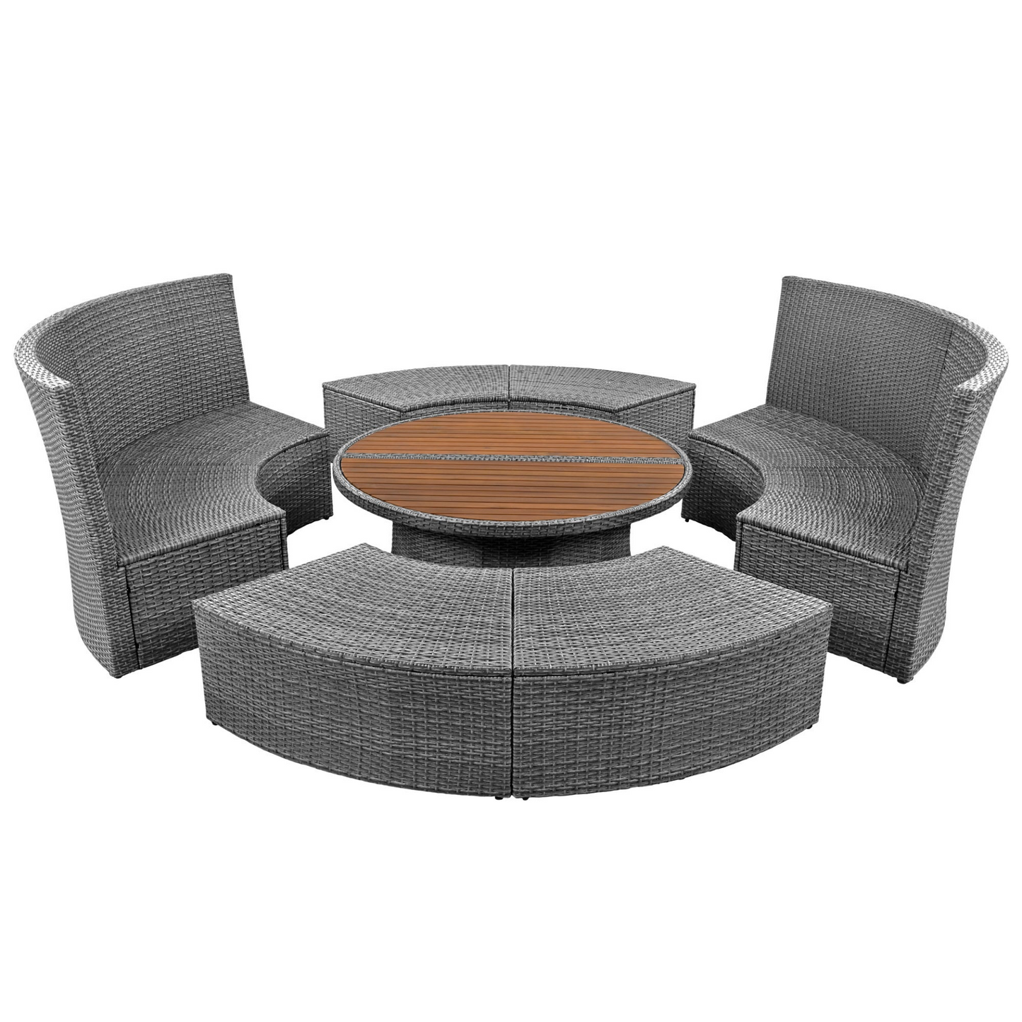 Patio 5-Piece Round Rattan Sectional Sofa Set All-Weather PE Wicker Sunbed Daybed with Round Liftable Table and Washable Cushions for Outdoor Backyard Poolside, Beige