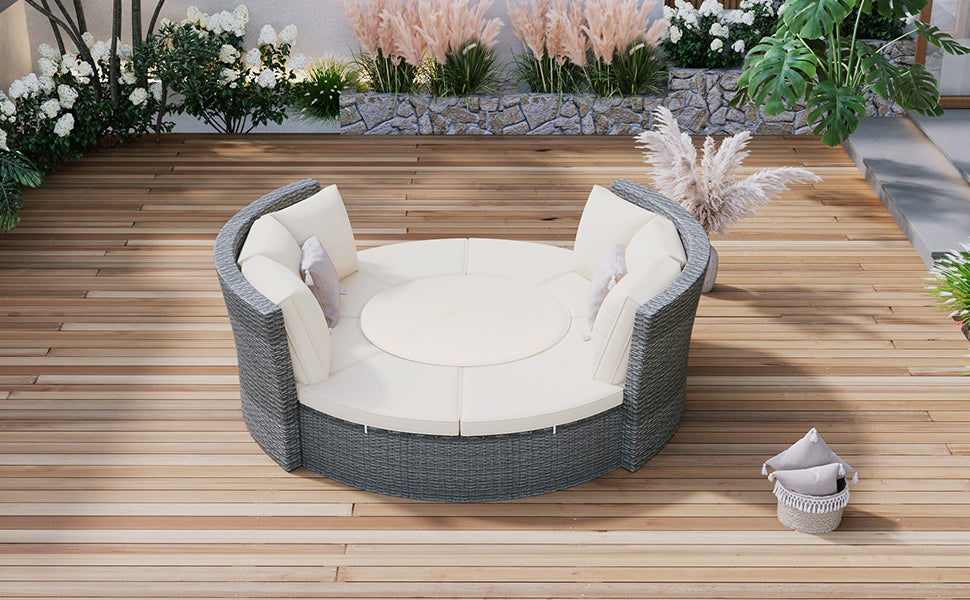 Patio 5-Piece Round Rattan Sectional Sofa Set All-Weather PE Wicker Sunbed Daybed with Round Liftable Table and Washable Cushions for Outdoor Backyard Poolside, Beige