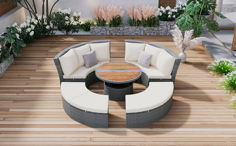 Patio 5-Piece Round Rattan Sectional Sofa Set All-Weather PE Wicker Sunbed Daybed with Round Liftable Table and Washable Cushions for Outdoor Backyard Poolside, Beige