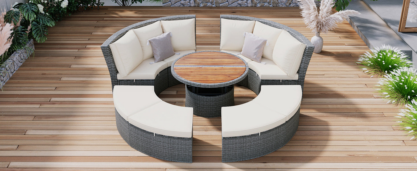 Patio 5-Piece Round Rattan Sectional Sofa Set All-Weather PE Wicker Sunbed Daybed with Round Liftable Table and Washable Cushions for Outdoor Backyard Poolside, Beige