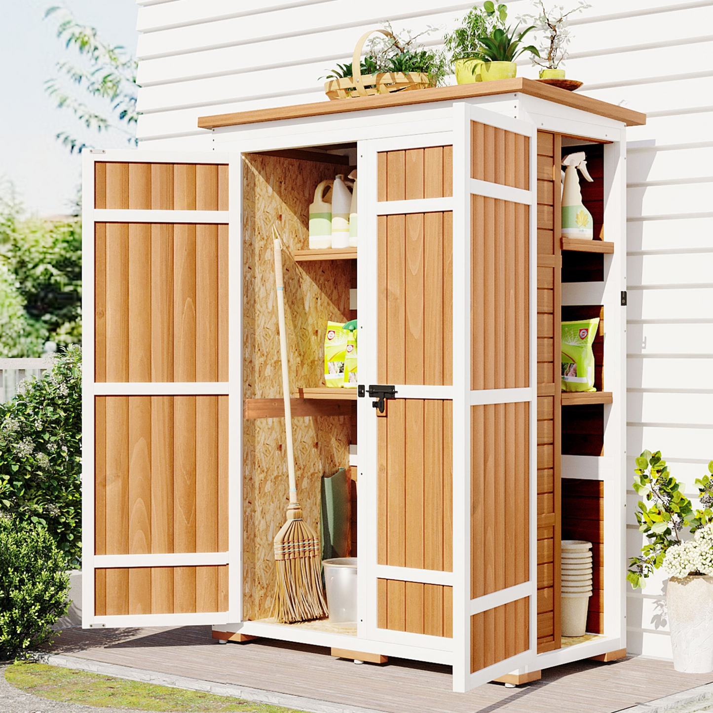 Outdoor 5.5ft Hx4.1ft L Wood Storage Shed, Garden Tool Cabinet with Waterproof Asphalt Roof, Four Lockable Doors, Multiple-tier Shelves, Natural