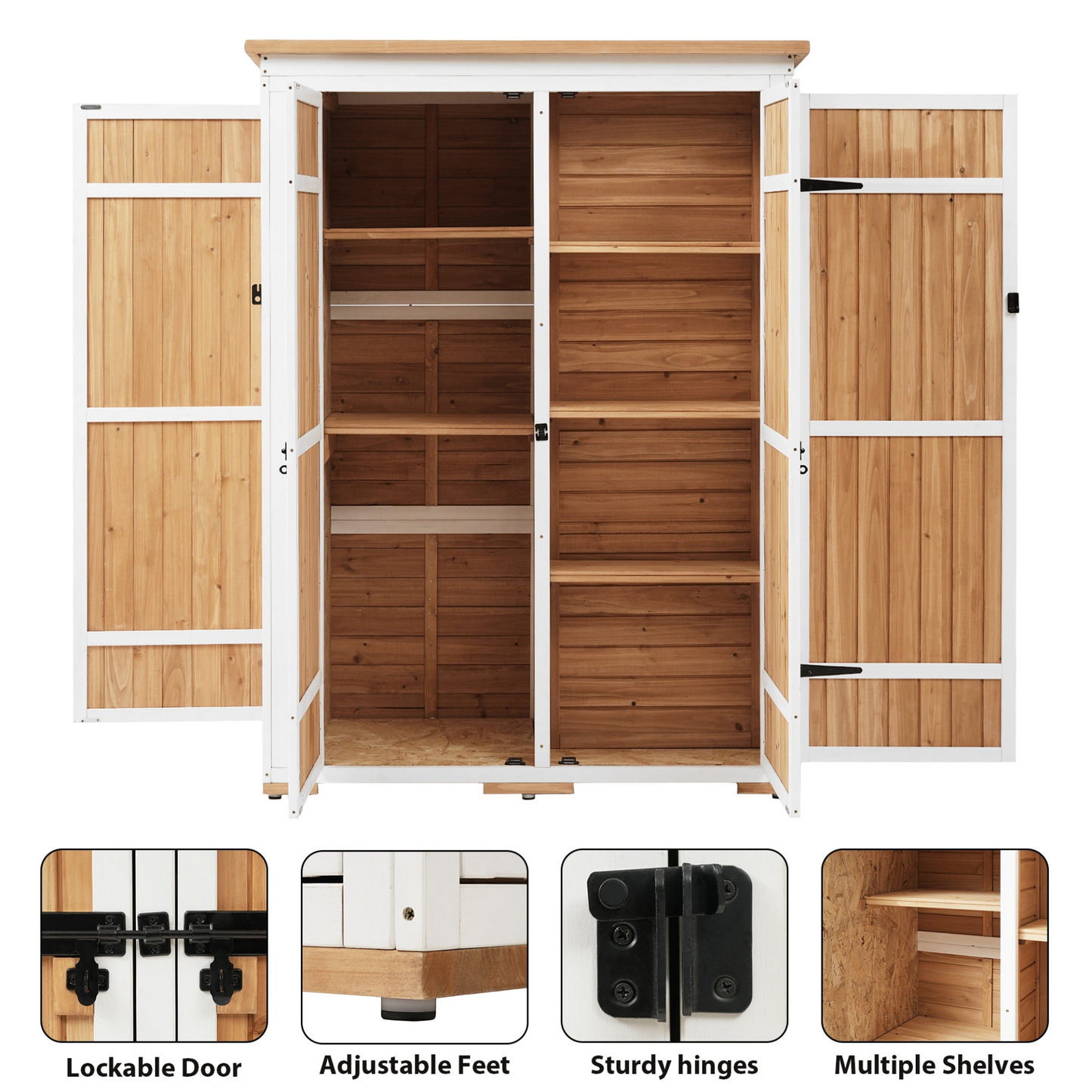 Outdoor 5.5ft Hx4.1ft L Wood Storage Shed, Garden Tool Cabinet with Waterproof Asphalt Roof, Four Lockable Doors, Multiple-tier Shelves, Natural