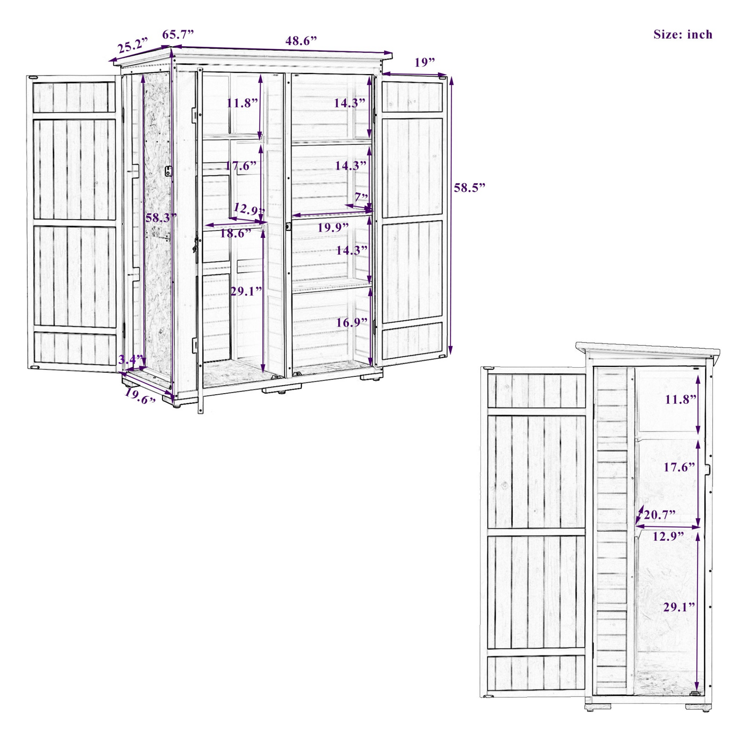 Outdoor 5.5ft Hx4.1ft L Wood Storage Shed, Garden Tool Cabinet with Waterproof Asphalt Roof, Four Lockable Doors, Multiple-tier Shelves, Natural