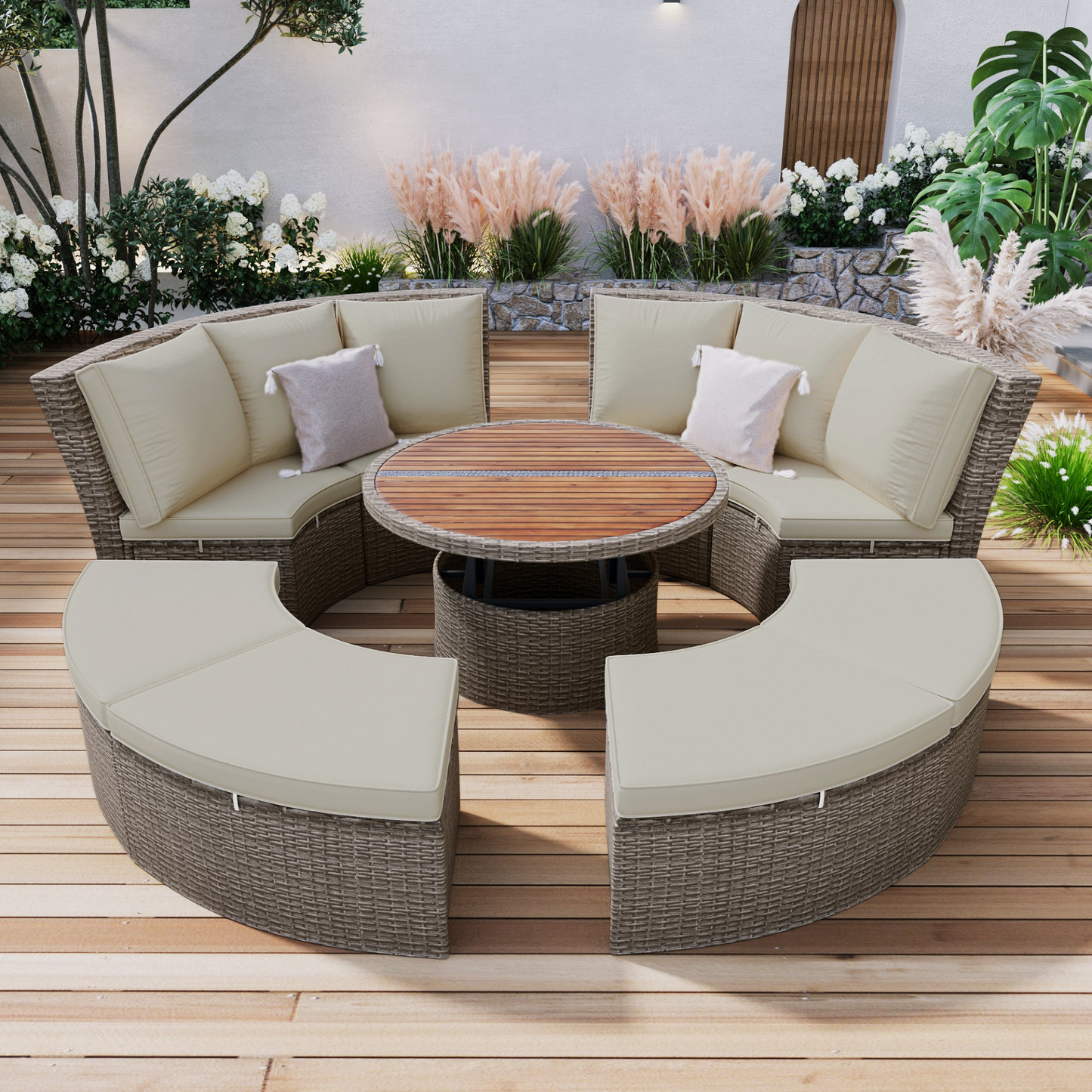 Patio 5-Piece Round Rattan Sectional Sofa Set All-Weather PE Wicker Sunbed Daybed with Round Liftable Table and Washable Cushions for Outdoor Backyard Poolside, Gray