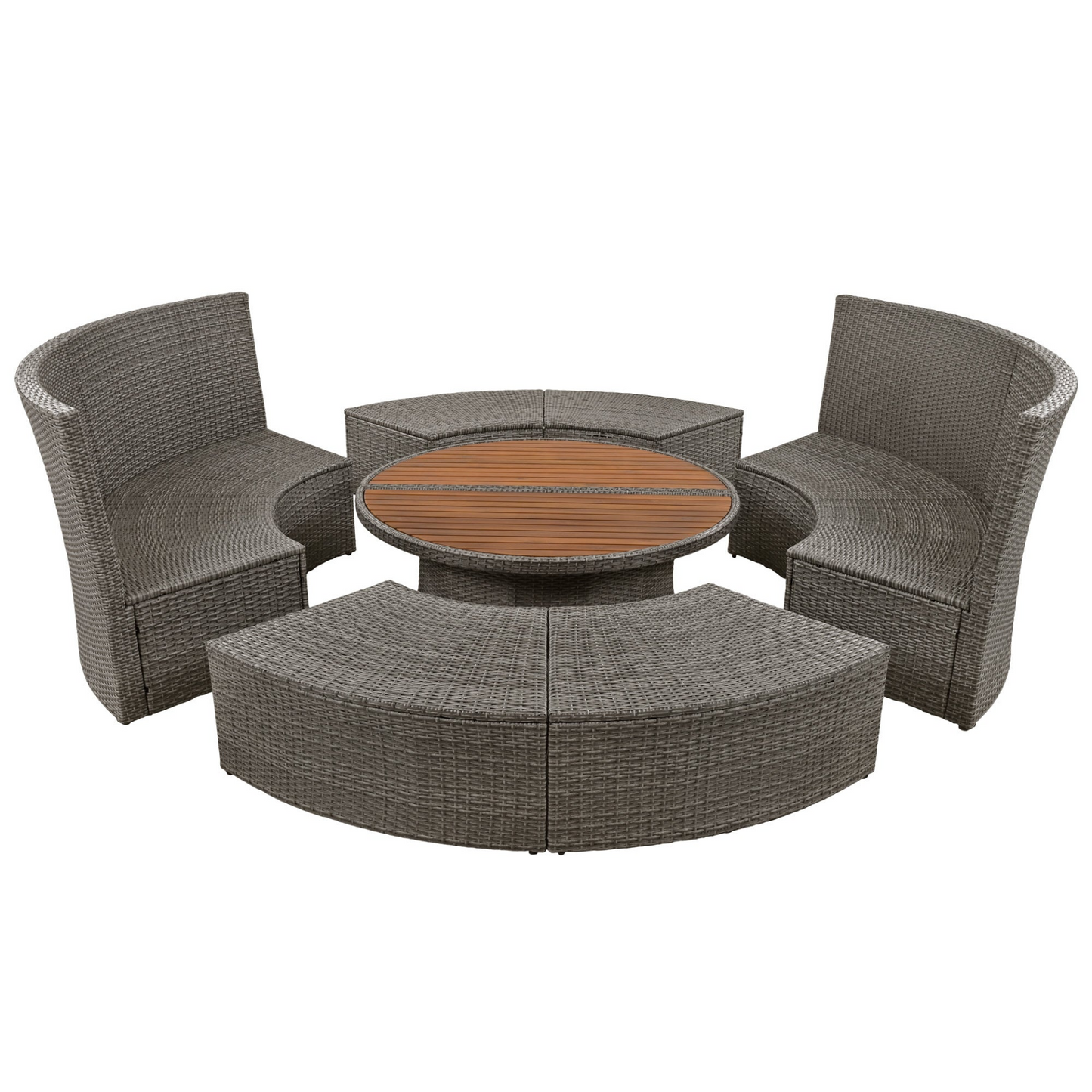 Patio 5-Piece Round Rattan Sectional Sofa Set All-Weather PE Wicker Sunbed Daybed with Round Liftable Table and Washable Cushions for Outdoor Backyard Poolside, Gray