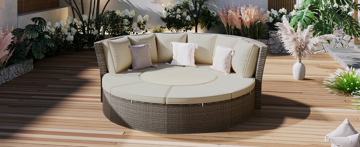 Patio 5-Piece Round Rattan Sectional Sofa Set All-Weather PE Wicker Sunbed Daybed with Round Liftable Table and Washable Cushions for Outdoor Backyard Poolside, Gray