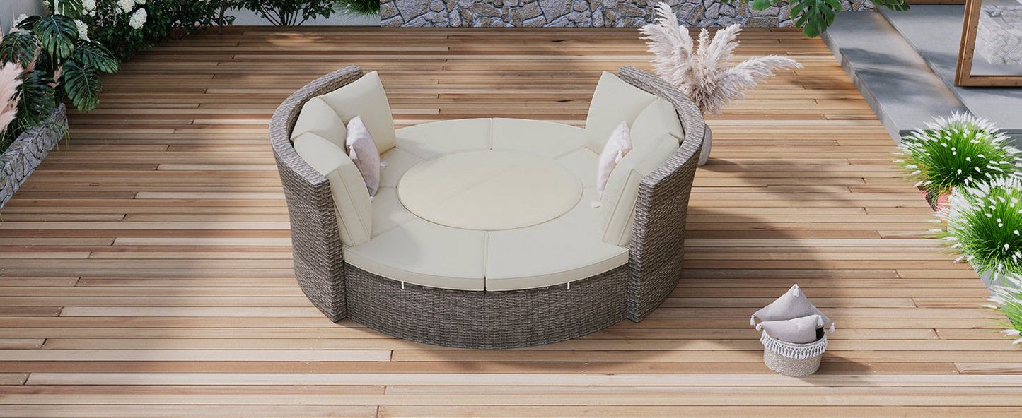 Patio 5-Piece Round Rattan Sectional Sofa Set All-Weather PE Wicker Sunbed Daybed with Round Liftable Table and Washable Cushions for Outdoor Backyard Poolside, Gray